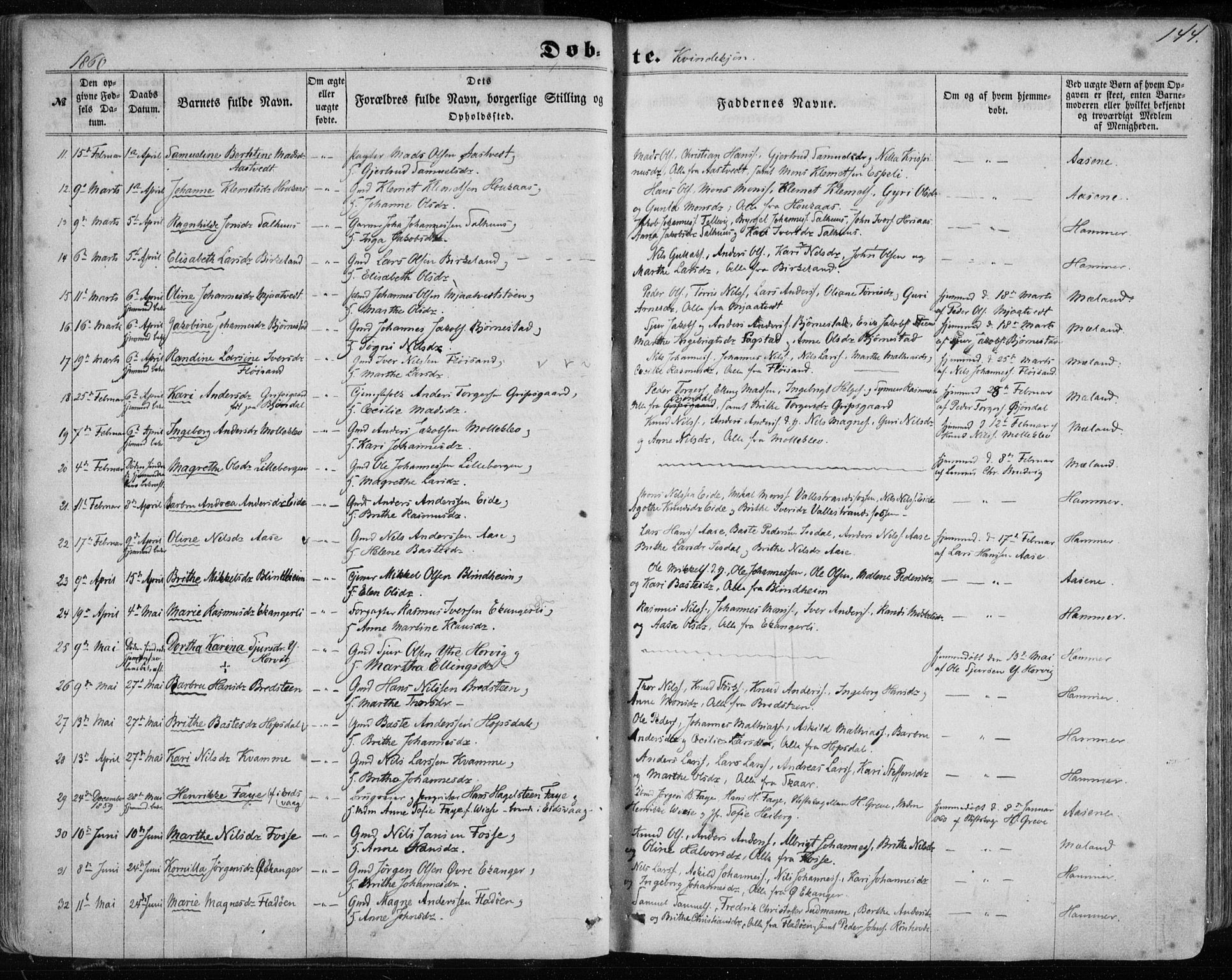 Hamre sokneprestembete, AV/SAB-A-75501/H/Ha/Haa/Haaa/L0014: Parish register (official) no. A 14, 1858-1872, p. 144