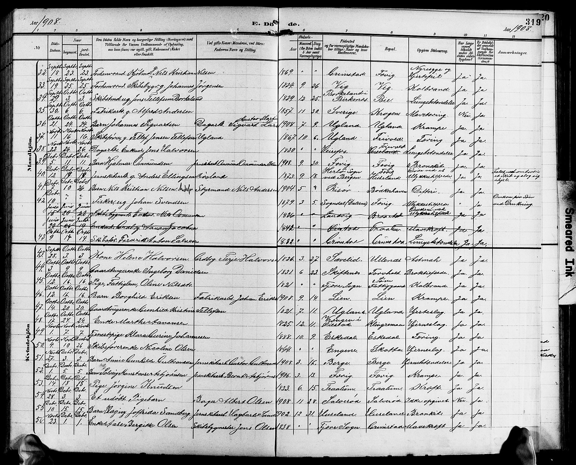 Fjære sokneprestkontor, AV/SAK-1111-0011/F/Fb/L0012: Parish register (copy) no. B 12, 1902-1925, p. 319