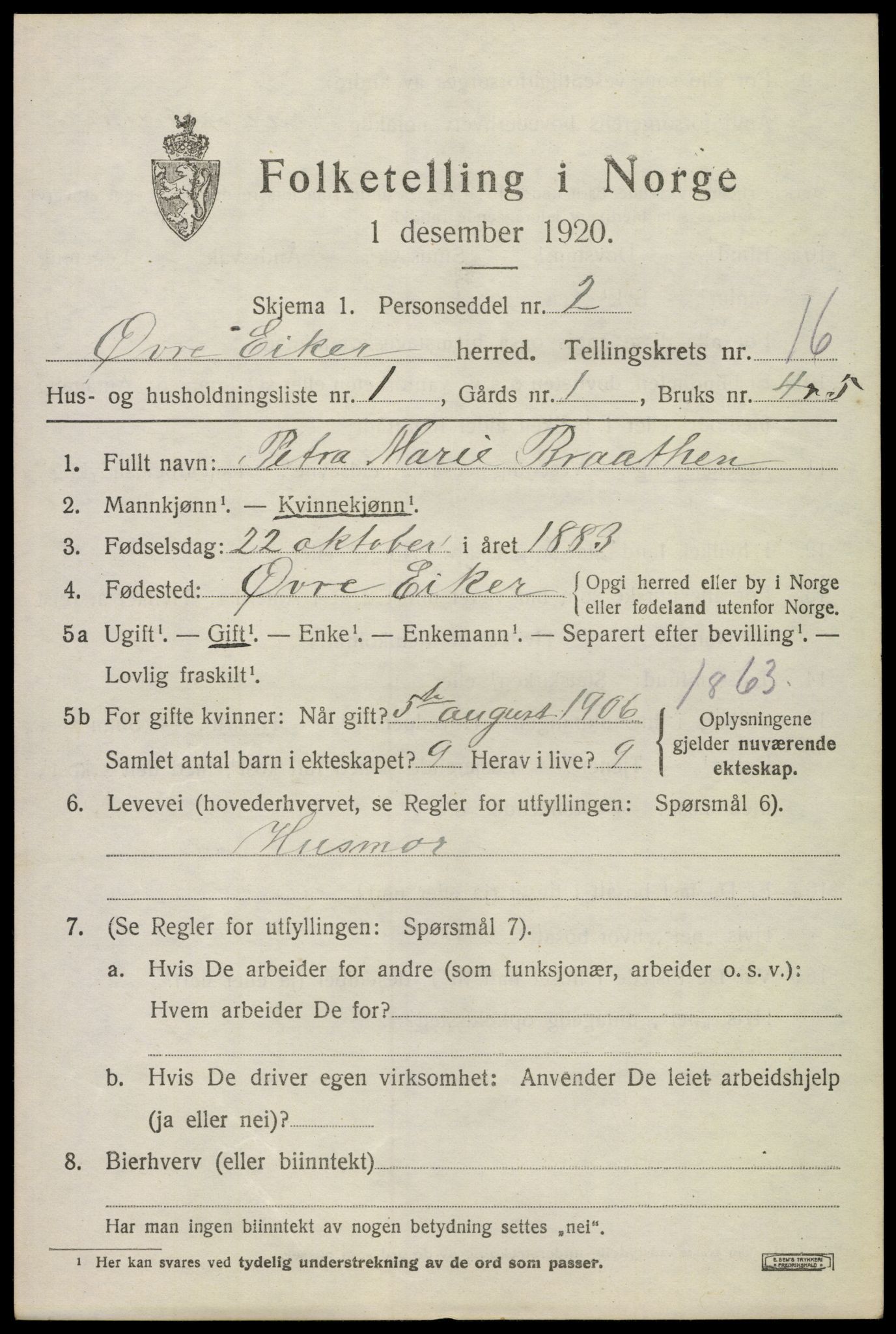 SAKO, 1920 census for Øvre Eiker, 1920, p. 20988