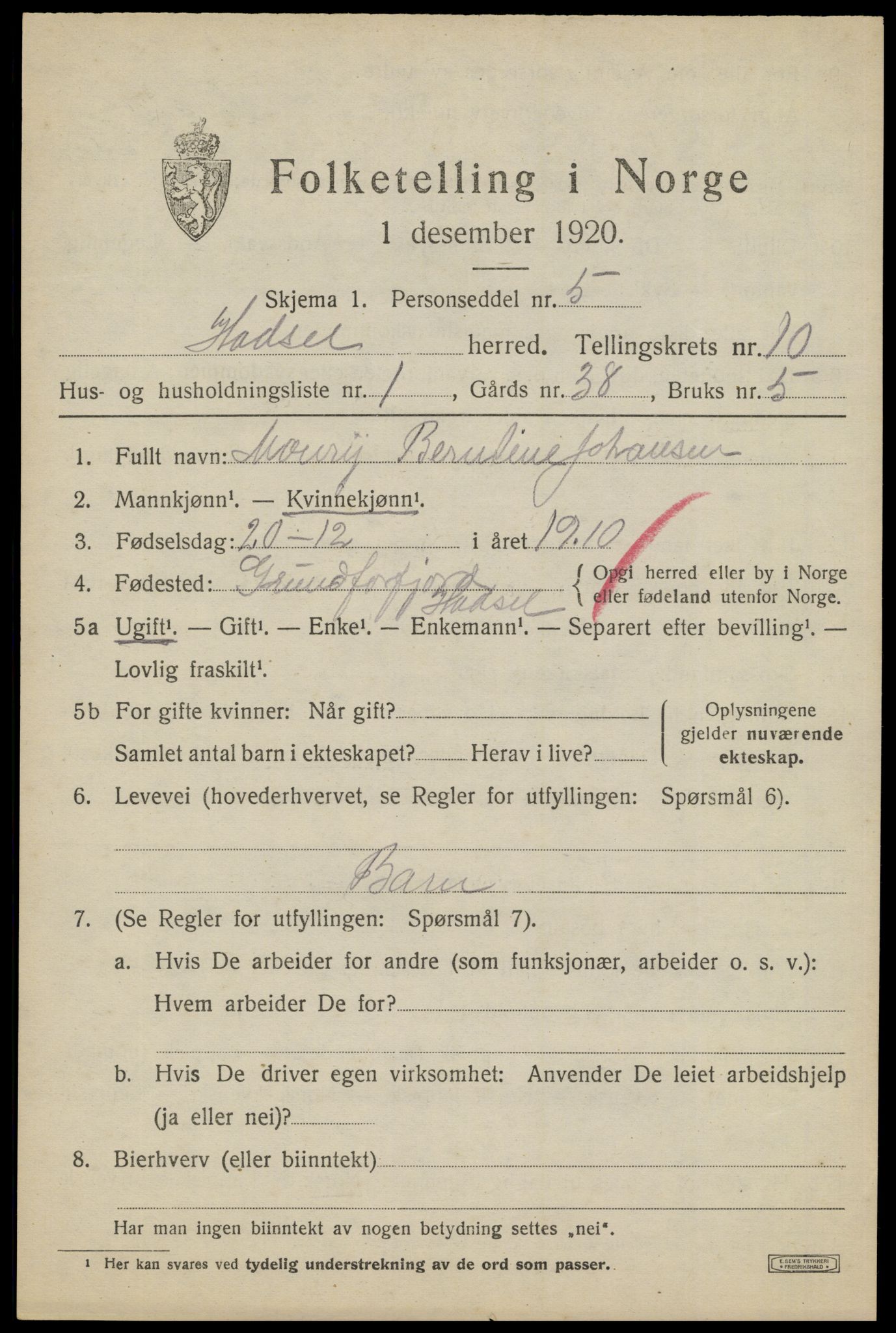 SAT, 1920 census for Hadsel, 1920, p. 8136