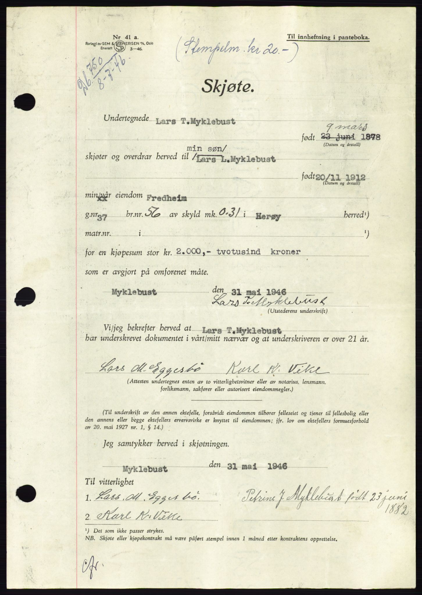 Søre Sunnmøre sorenskriveri, AV/SAT-A-4122/1/2/2C/L0078: Mortgage book no. 4A, 1946-1946, Diary no: : 750/1946