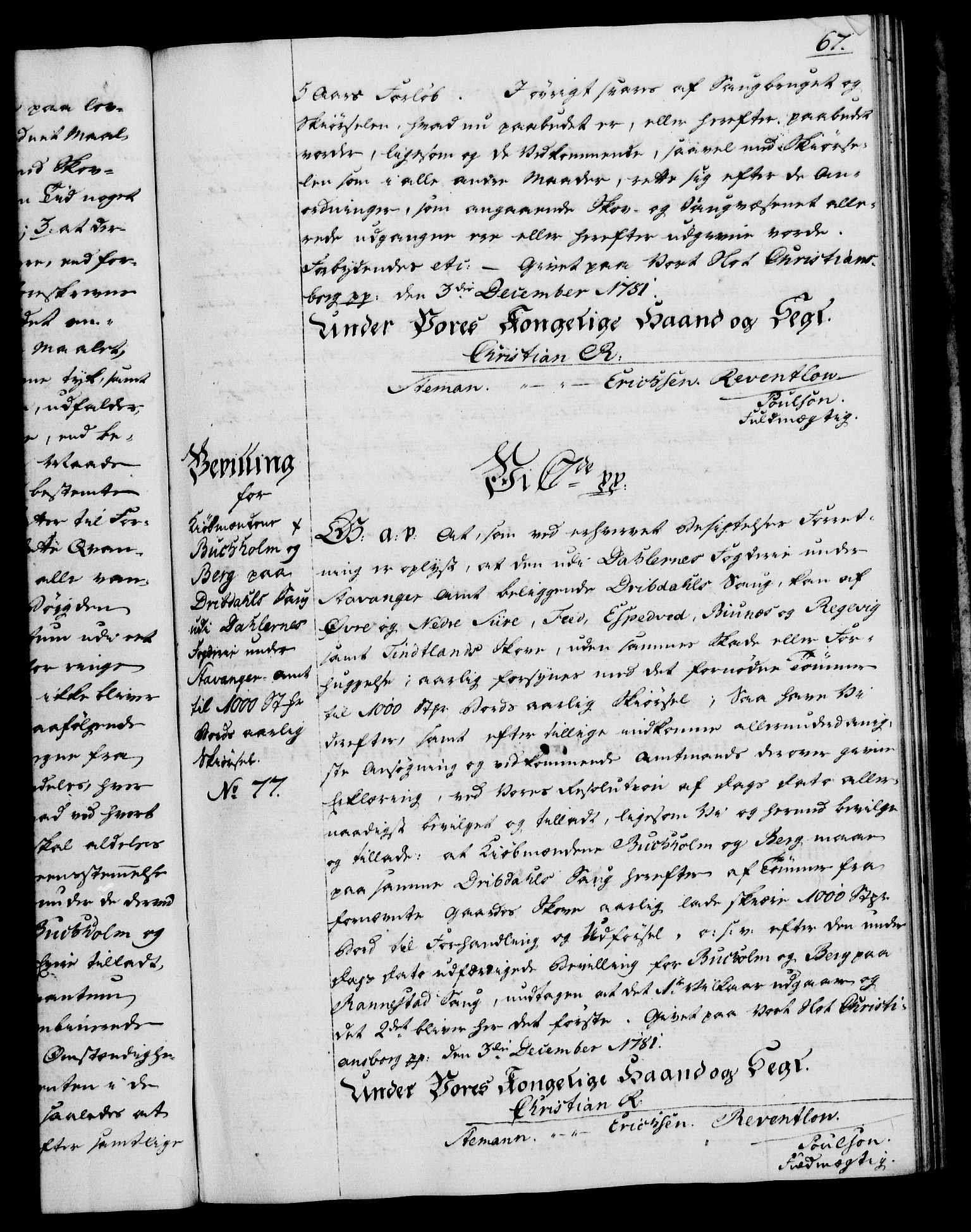 Rentekammeret, Kammerkanselliet, RA/EA-3111/G/Gg/Gga/L0012: Norsk ekspedisjonsprotokoll med register (merket RK 53.12), 1781-1783, p. 67