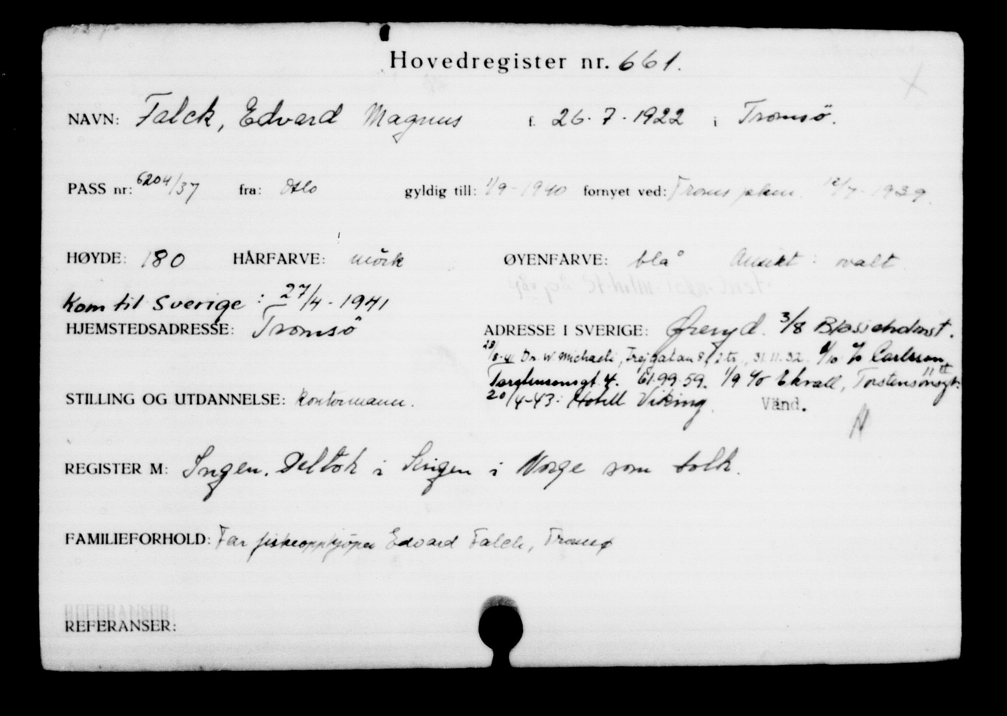 Utenriksstasjonene, Legasjonen i Stockholm, Flyktningkontoret, AV/RA-S-6753/V/Va/L0001: Kjesäterkartoteket, flyktninger med registreringsnr. 1-1000, 1940-1945, p. 1032
