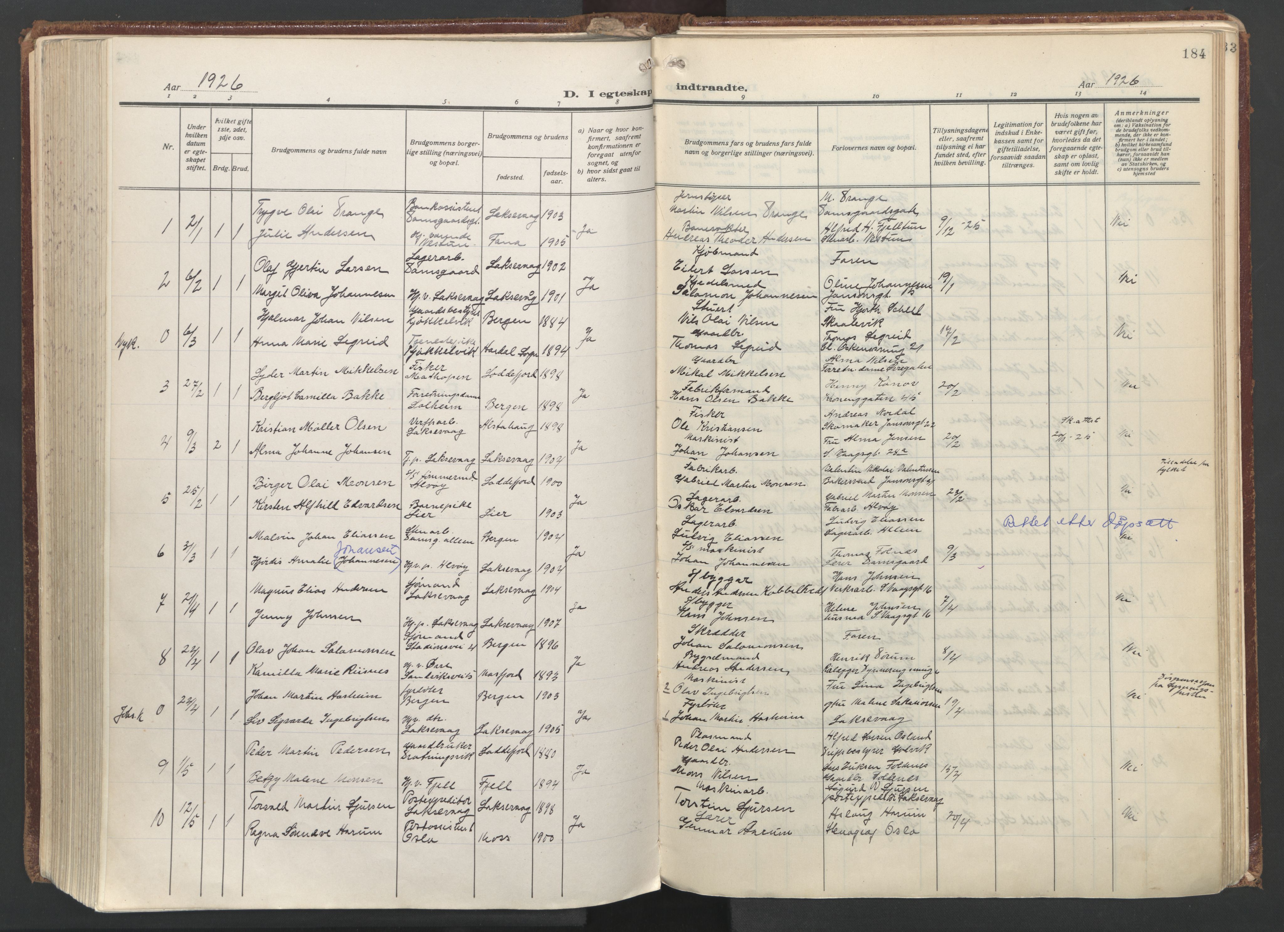 Laksevåg Sokneprestembete, AV/SAB-A-76501/H/Ha/Haa/Haac/L0001: Parish register (official) no. C 1, 1925-1944, p. 184