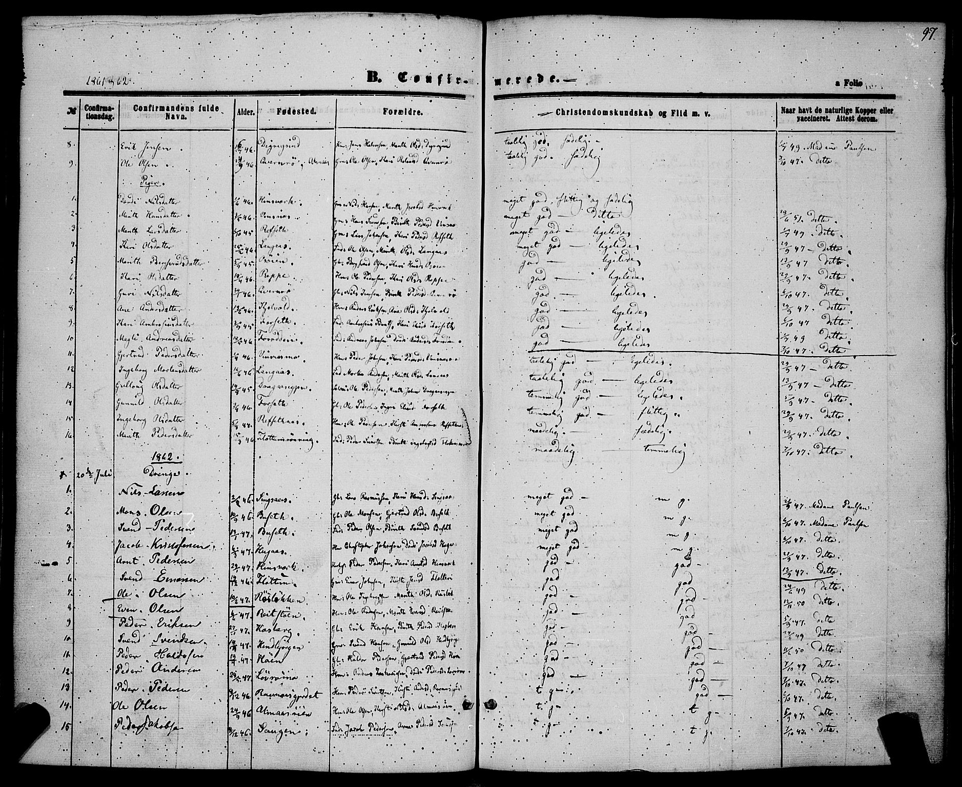 Ministerialprotokoller, klokkerbøker og fødselsregistre - Sør-Trøndelag, AV/SAT-A-1456/685/L0967: Parish register (official) no. 685A07 /2, 1860-1869, p. 97