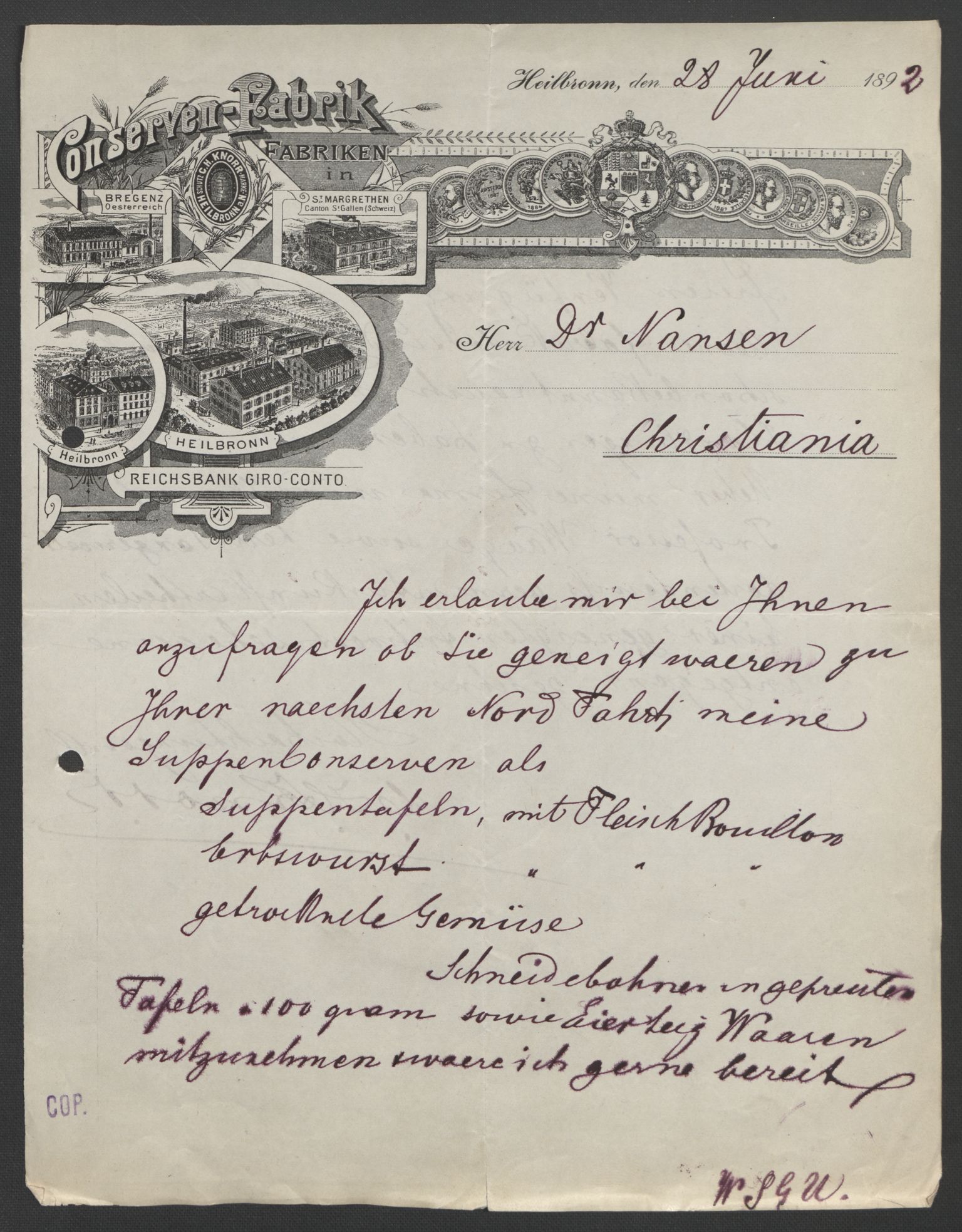 Arbeidskomitéen for Fridtjof Nansens polarekspedisjon, RA/PA-0061/D/L0004: Innk. brev og telegrammer vedr. proviant og utrustning, 1892-1893, p. 347