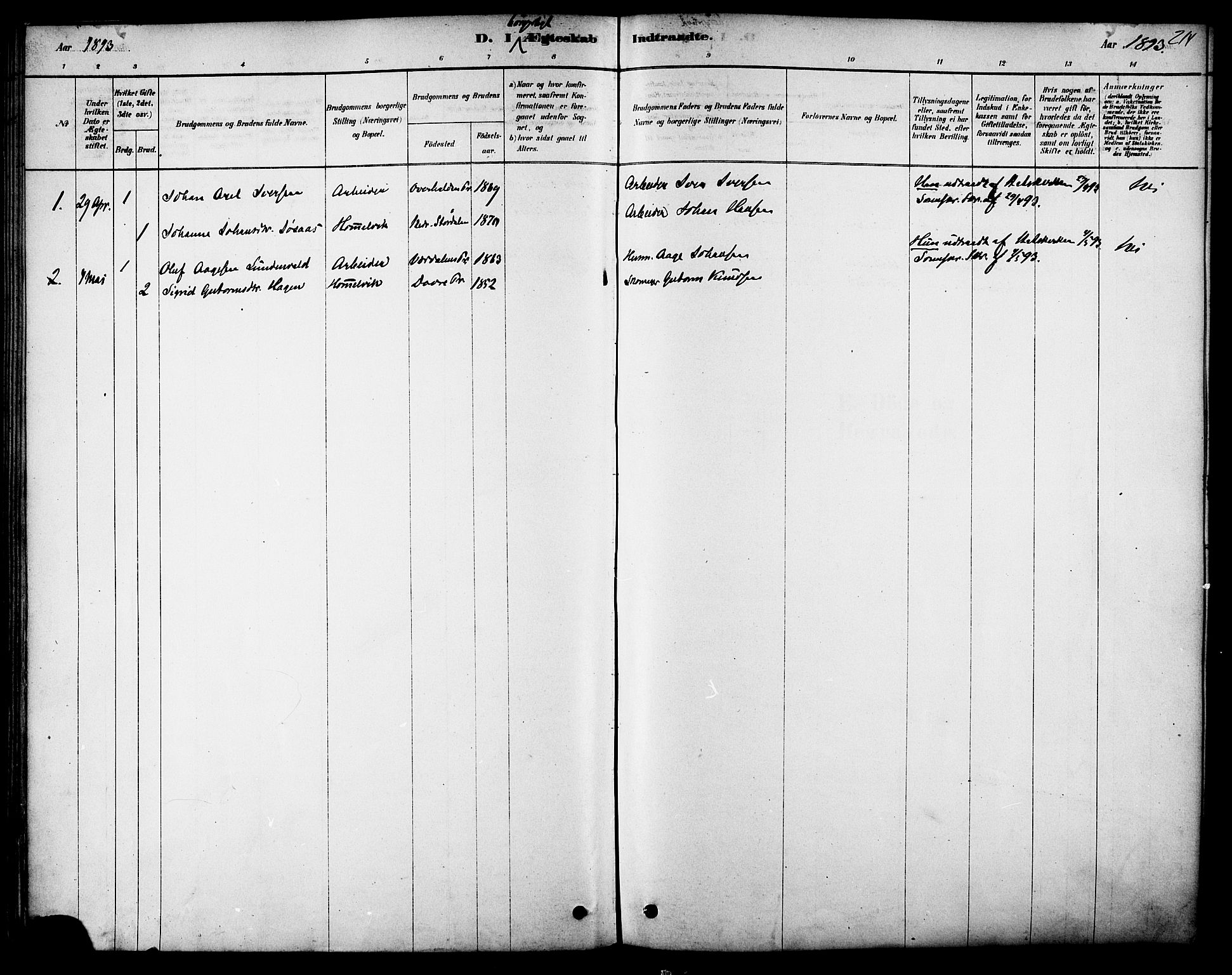 Ministerialprotokoller, klokkerbøker og fødselsregistre - Sør-Trøndelag, SAT/A-1456/616/L0410: Parish register (official) no. 616A07, 1878-1893, p. 214