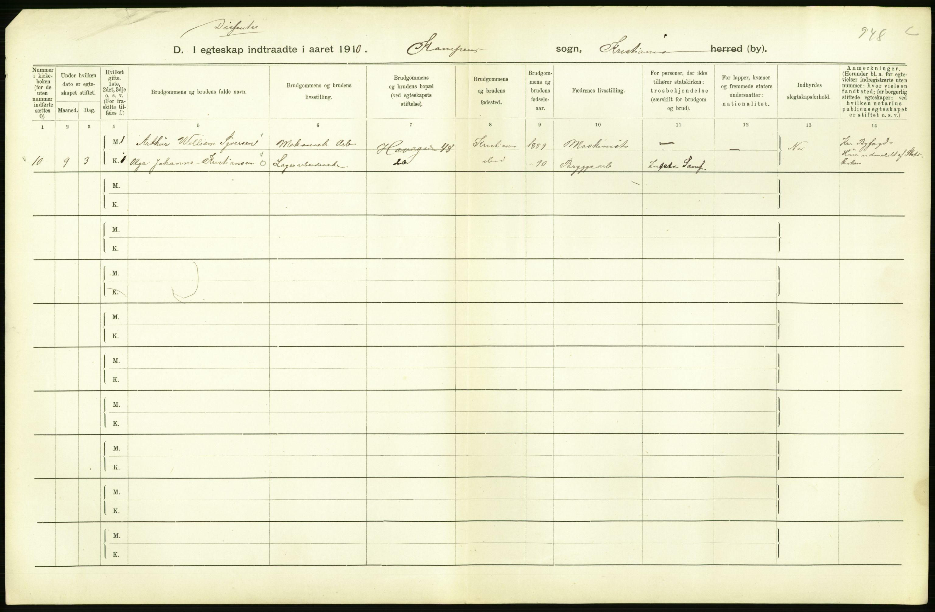 Statistisk sentralbyrå, Sosiodemografiske emner, Befolkning, AV/RA-S-2228/D/Df/Dfa/Dfah/L0009: Kristiania: Gifte og dødfødte., 1910, p. 142