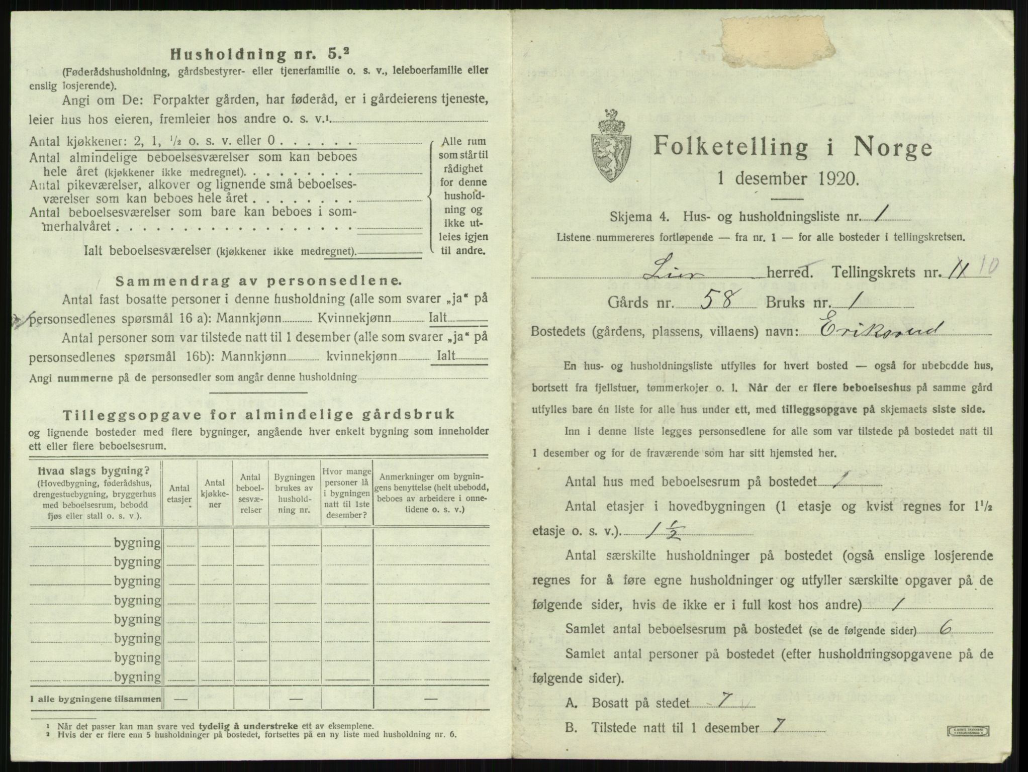 SAKO, 1920 census for Lier, 1920, p. 1612