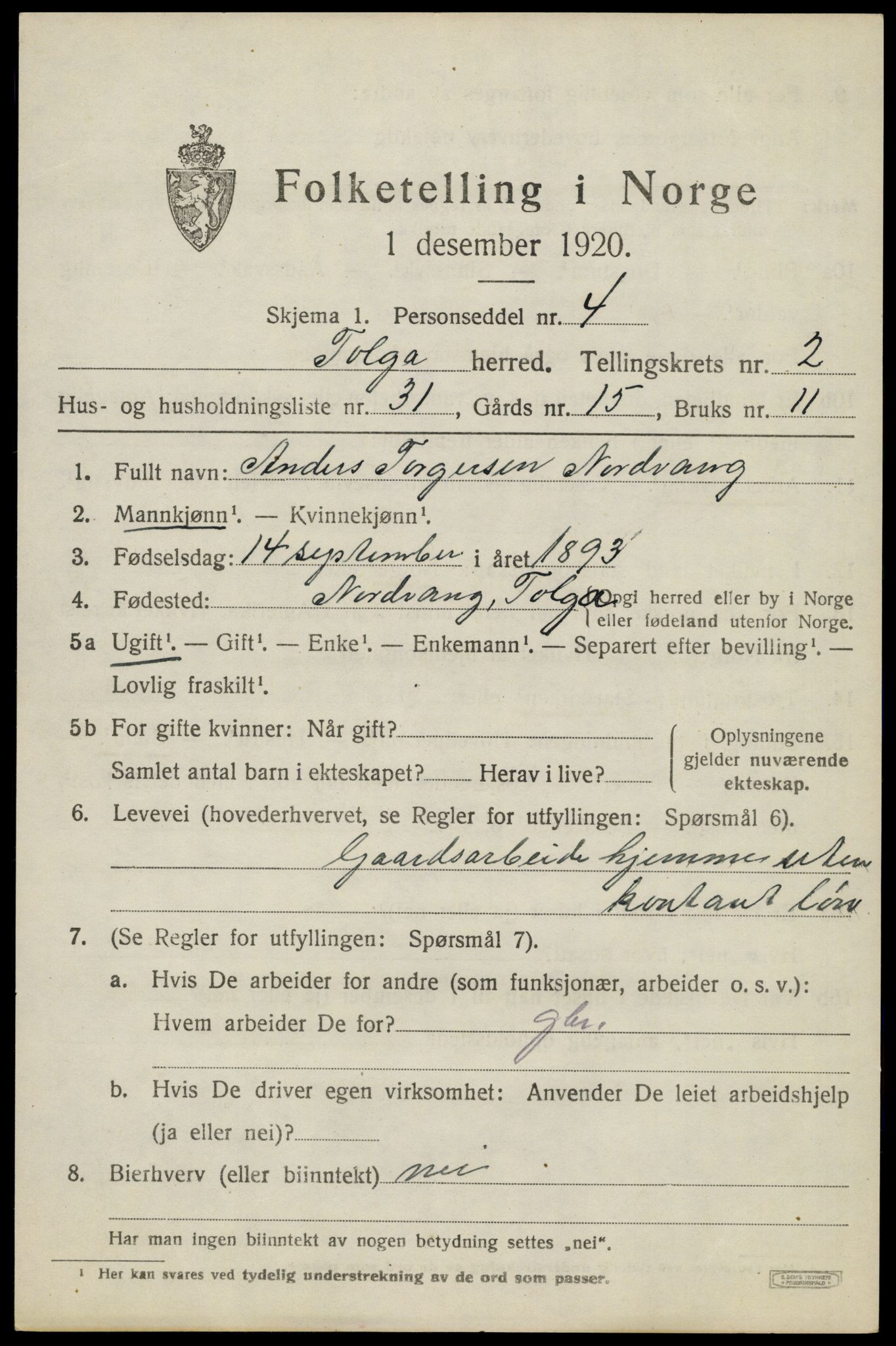 SAH, 1920 census for Tolga, 1920, p. 2033