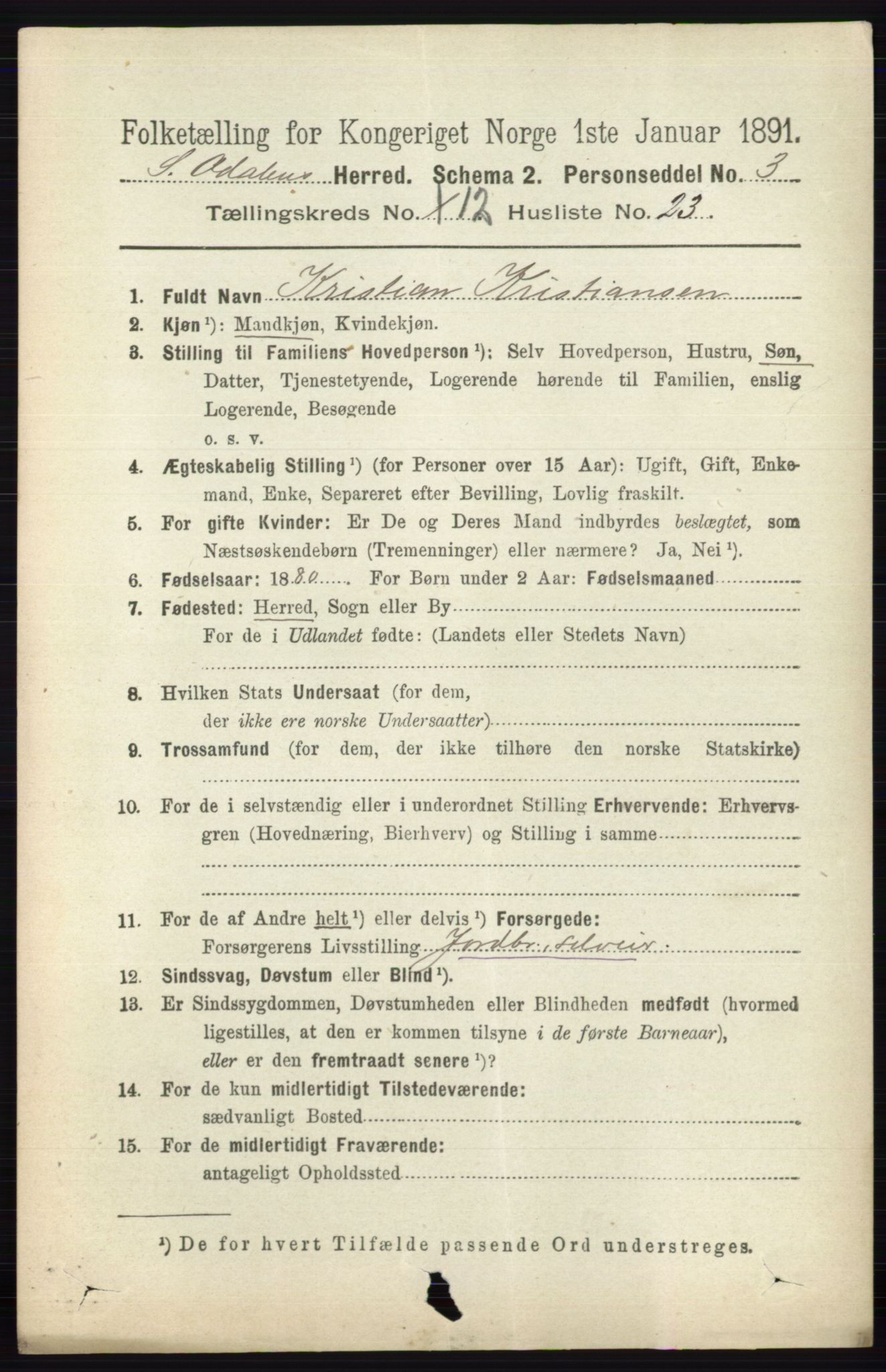 RA, 1891 census for 0419 Sør-Odal, 1891, p. 5500