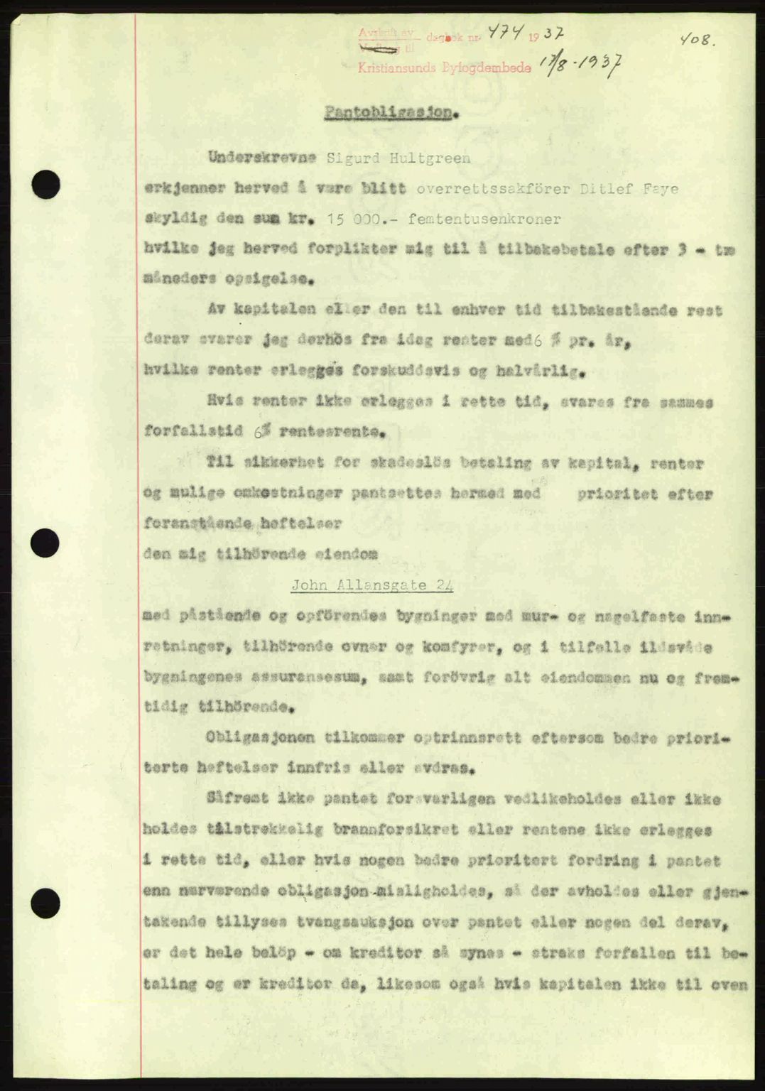 Kristiansund byfogd, AV/SAT-A-4587/A/27: Mortgage book no. 29, 1936-1937, Diary no: : 474/1937