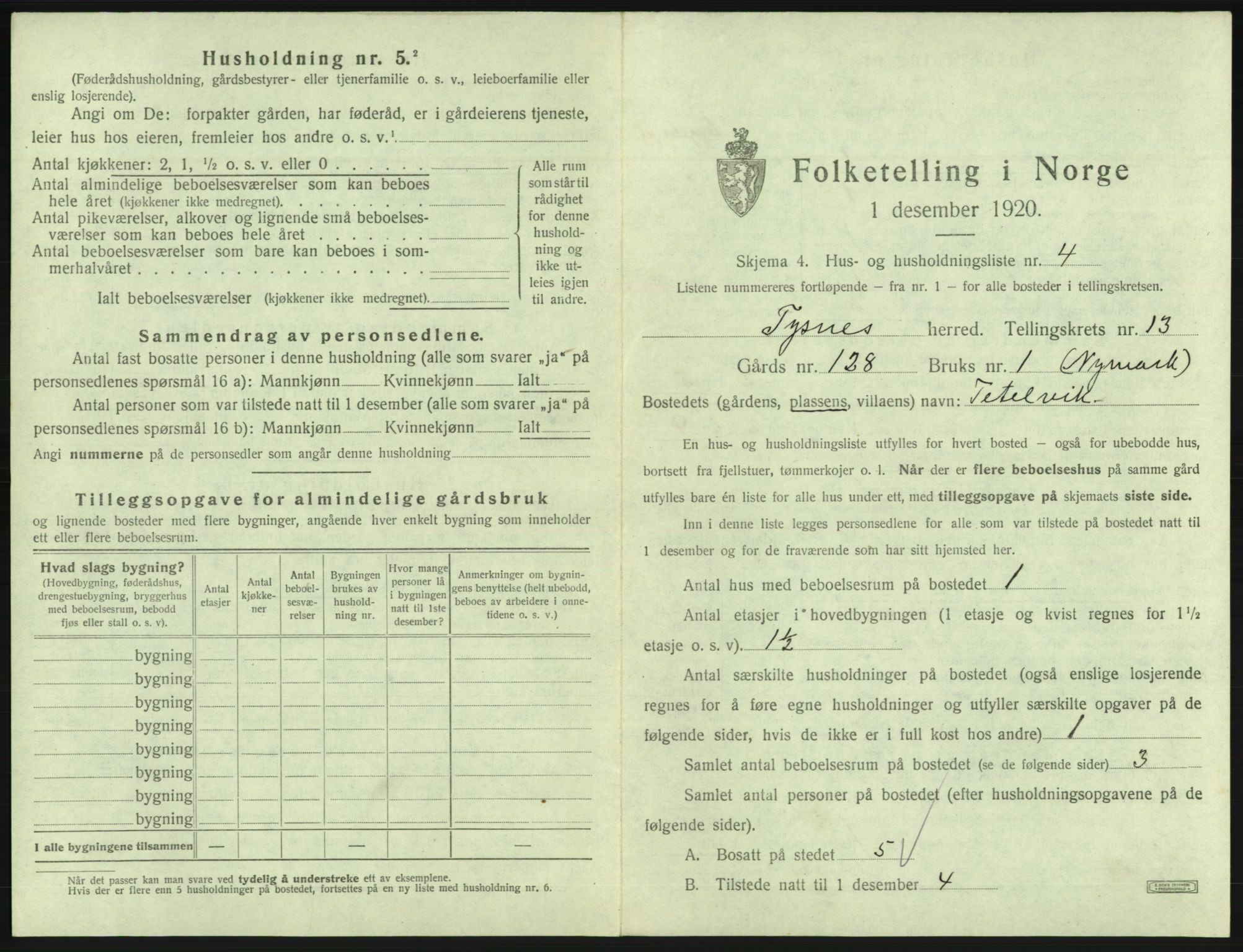 SAB, 1920 census for Tysnes, 1920, p. 1246