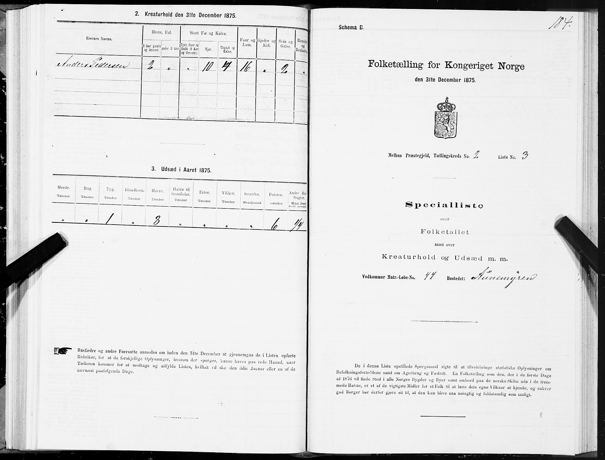 SAT, 1875 census for 1653P Melhus, 1875, p. 1184