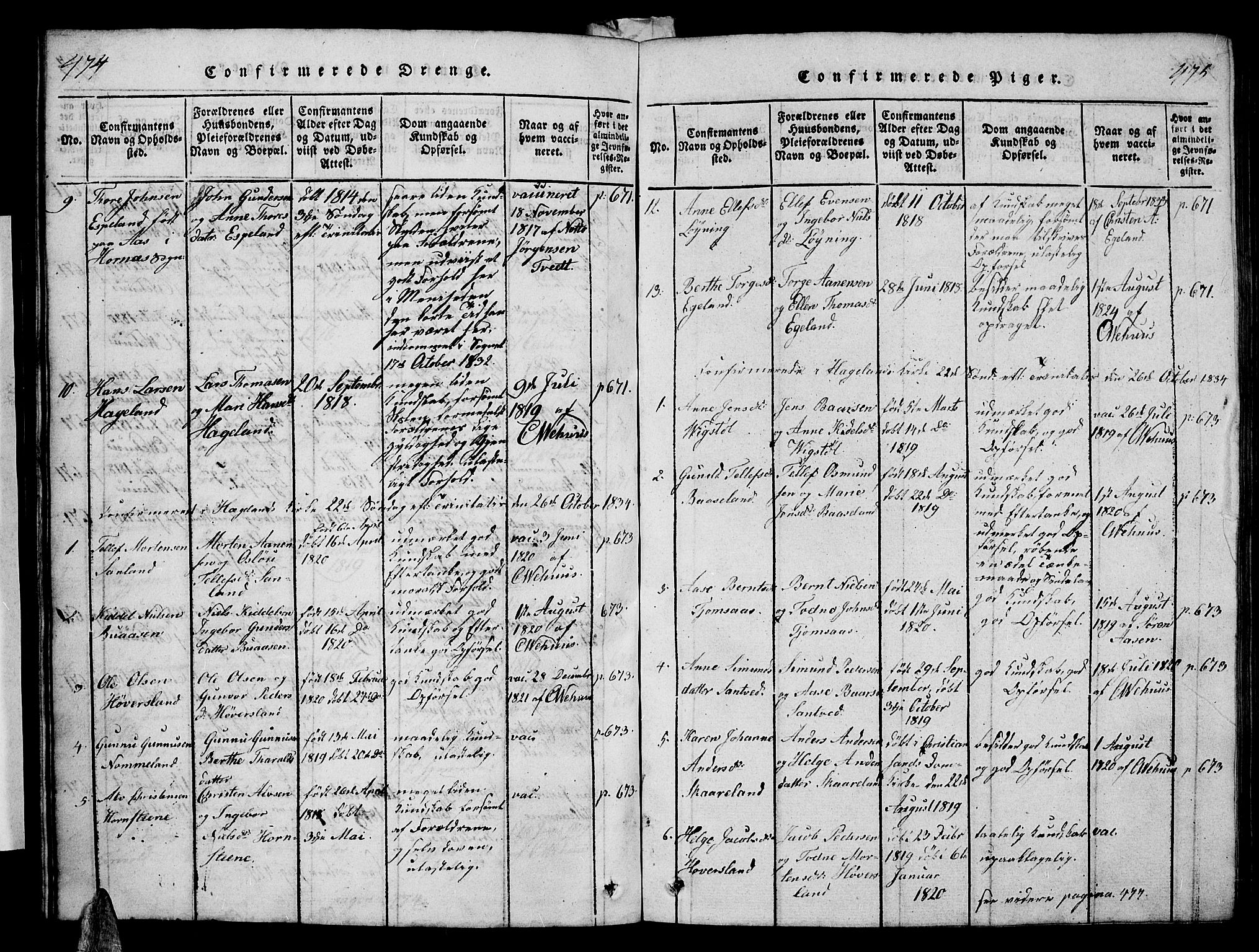 Vennesla sokneprestkontor, SAK/1111-0045/Fb/Fba/L0001: Parish register (copy) no. B 1, 1820-1834, p. 474-475
