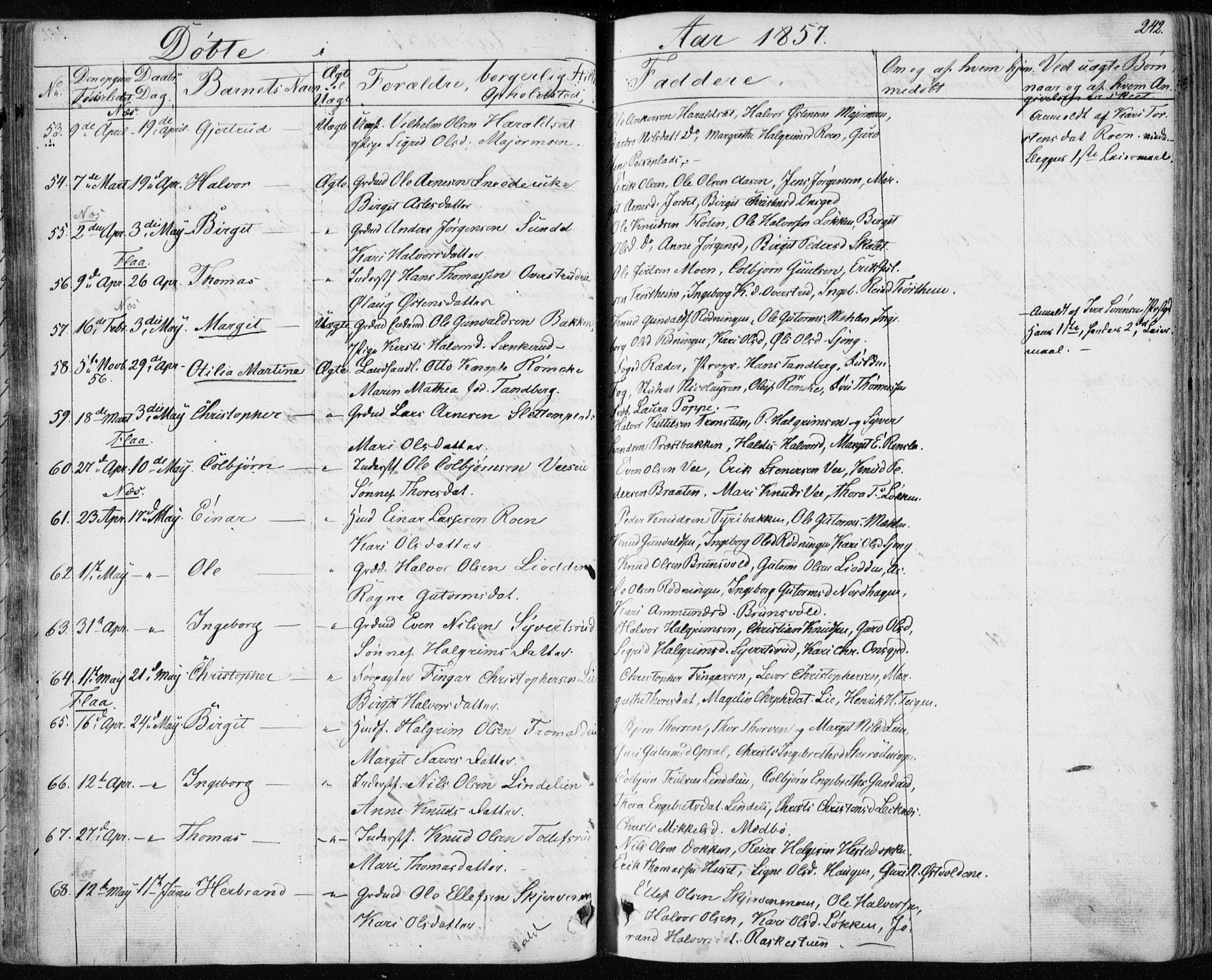 Nes kirkebøker, AV/SAKO-A-236/F/Fa/L0009: Parish register (official) no. 9, 1834-1863, p. 242