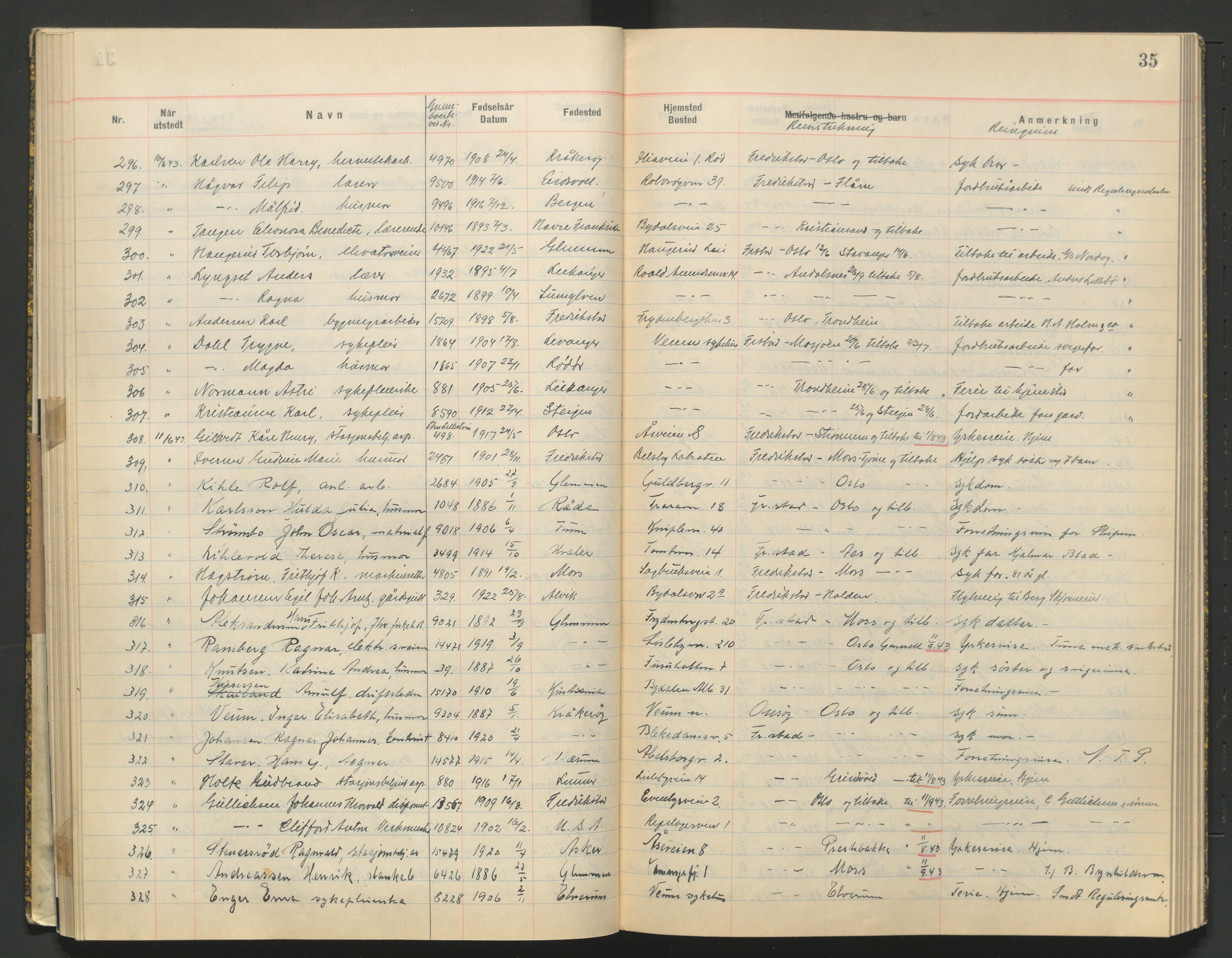 Glemmen lensmannskontor, AV/SAO-A-10123/I/Ic/Ica/L0002: Protokoll over utstedte nordiske reisekort (1939-1940) og utstedte reisetillatelser med jernbanen (1943), 1939-1943, p. 35