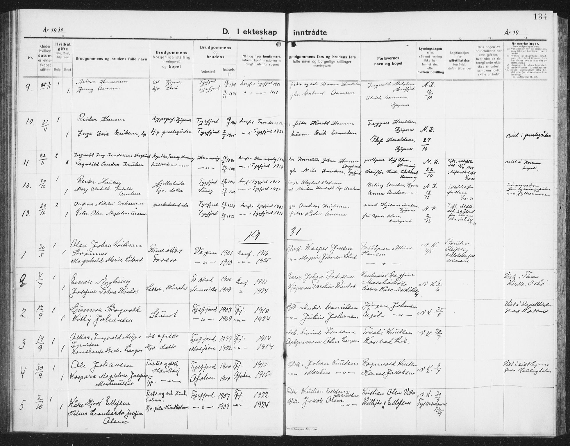 Ministerialprotokoller, klokkerbøker og fødselsregistre - Nordland, AV/SAT-A-1459/861/L0879: Parish register (copy) no. 861C05, 1926-1939, p. 134