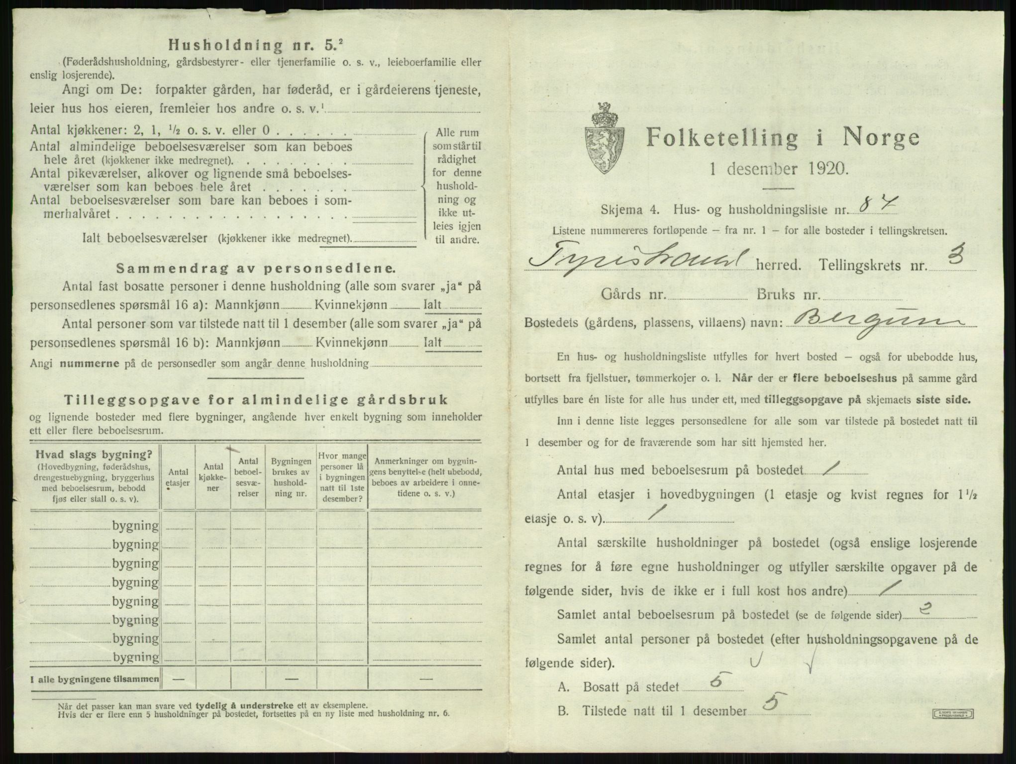 SAKO, 1920 census for Tyristrand, 1920, p. 423