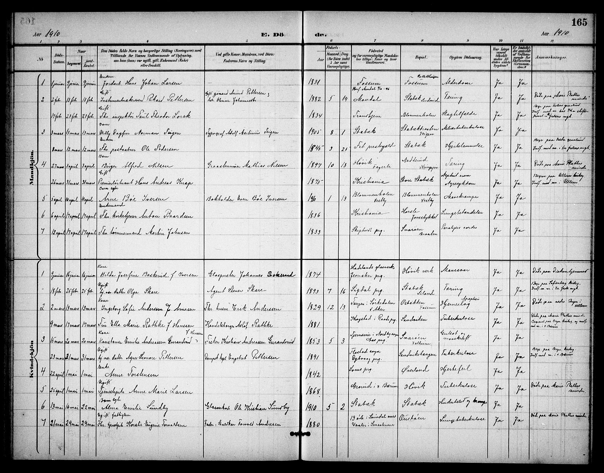 Østre Bærum prestekontor Kirkebøker, AV/SAO-A-10887/G/Ga/L0001: Parish register (copy) no. 1, 1898-1913, p. 165