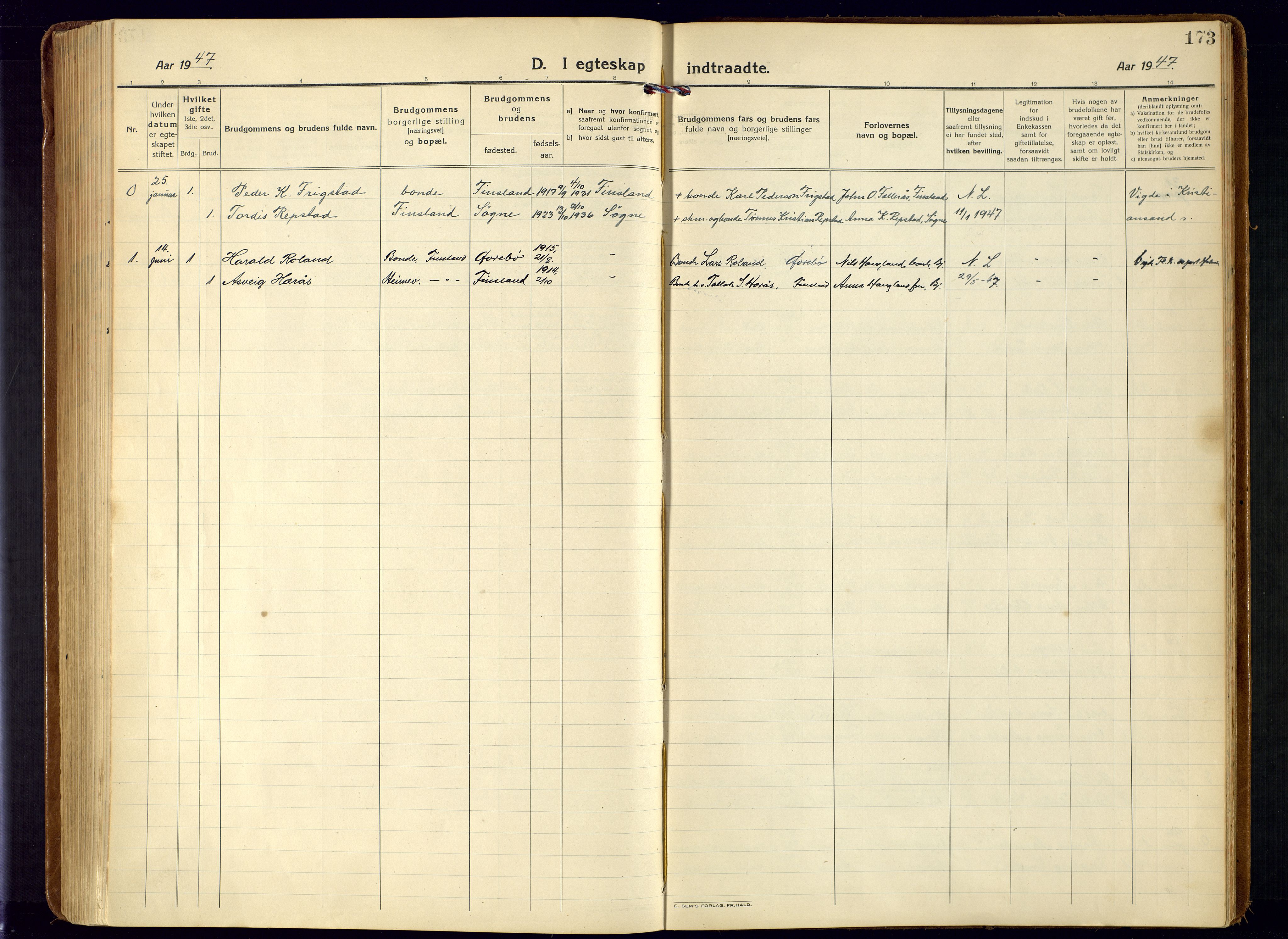 Bjelland sokneprestkontor, SAK/1111-0005/F/Fa/Fab/L0005: Parish register (official) no. A 5, 1921-1951, p. 173