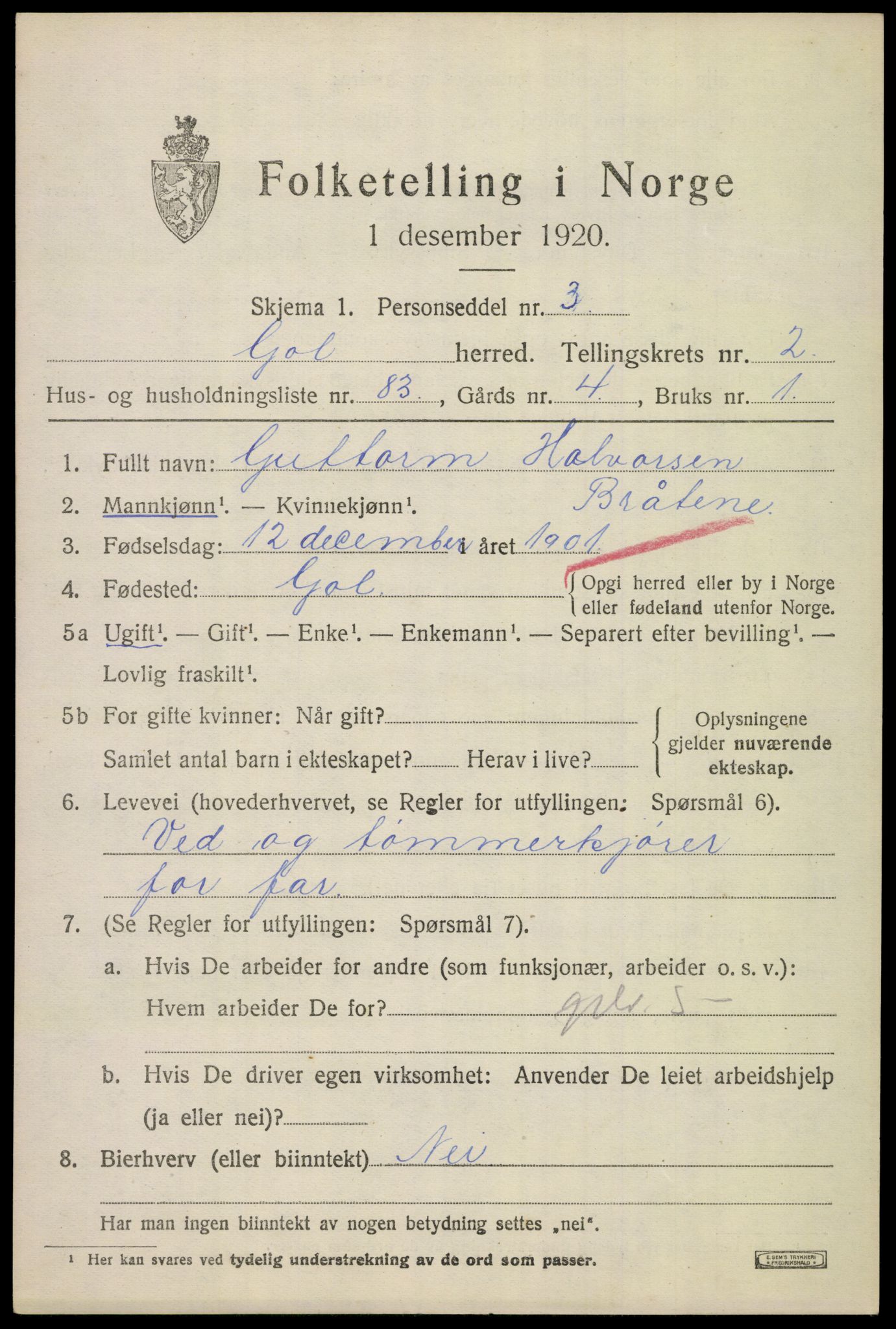 SAKO, 1920 census for Gol, 1920, p. 2168