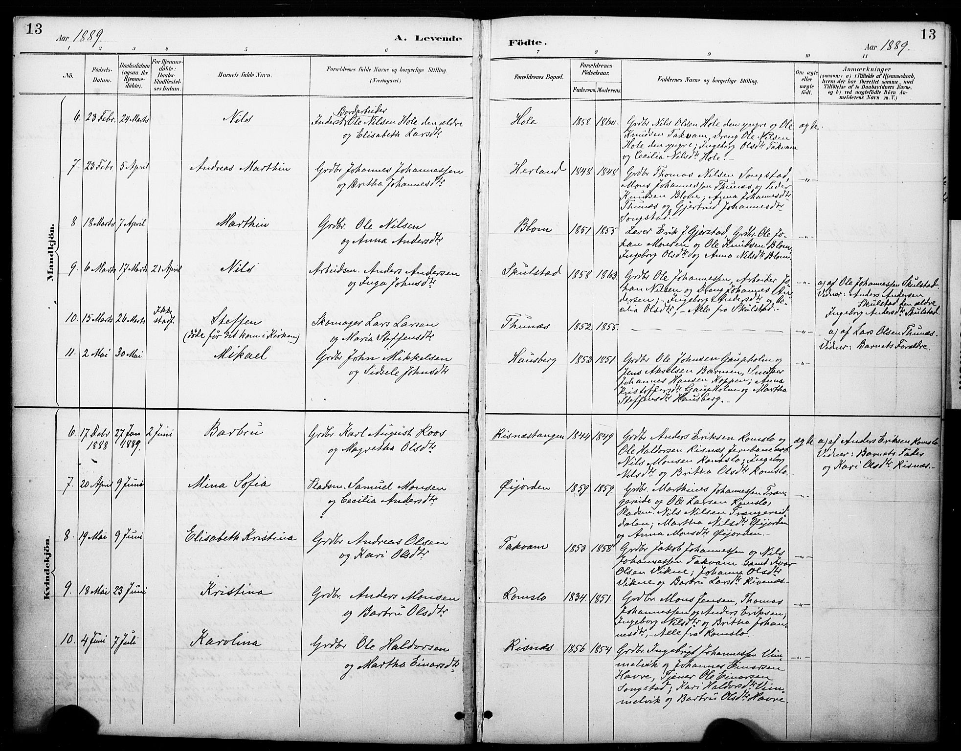 Haus sokneprestembete, SAB/A-75601/H/Haa: Parish register (official) no. B 1, 1887-1898, p. 13