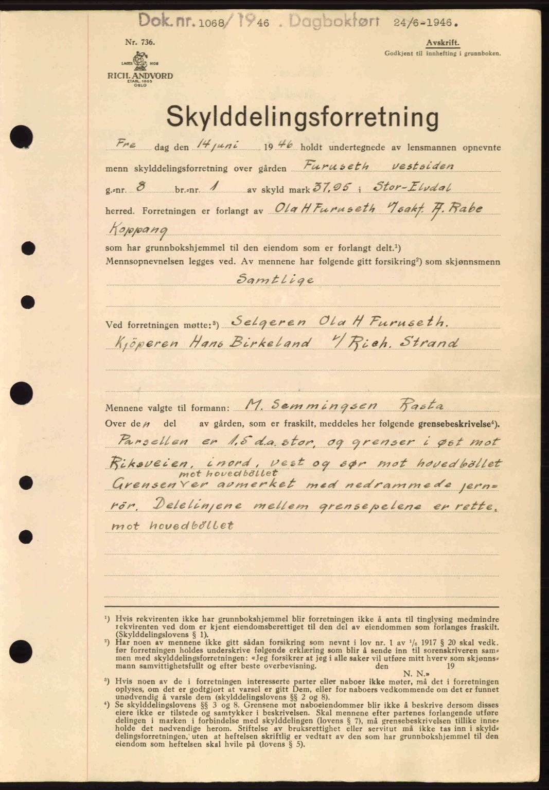 Sør-Østerdal sorenskriveri, AV/SAH-TING-018/H/Hb/Hbb/L0074: Mortgage book no. A74, 1946-1946, Diary no: : 1068/1946