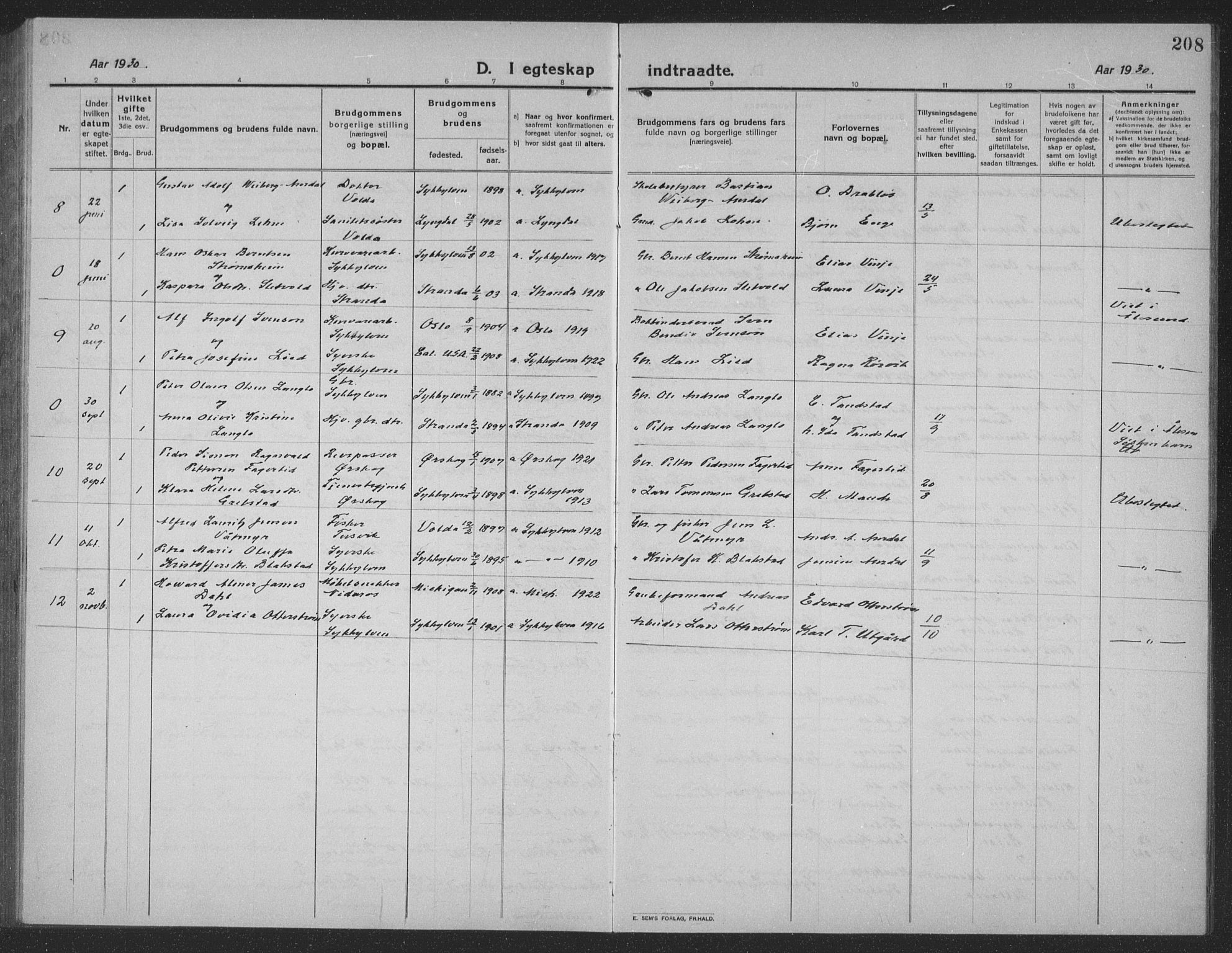 Ministerialprotokoller, klokkerbøker og fødselsregistre - Møre og Romsdal, AV/SAT-A-1454/523/L0342: Parish register (copy) no. 523C05, 1916-1937, p. 208