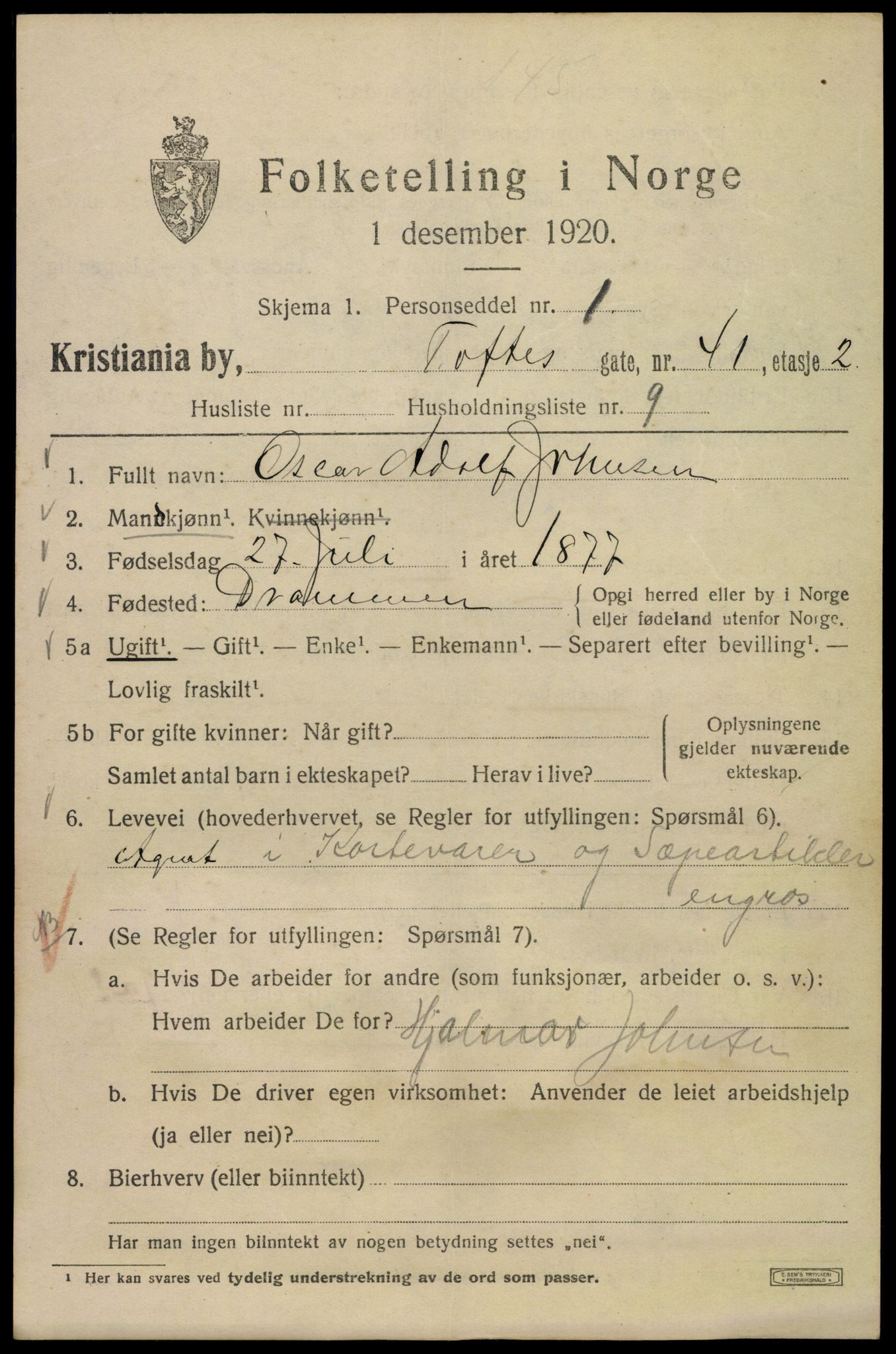 SAO, 1920 census for Kristiania, 1920, p. 585019