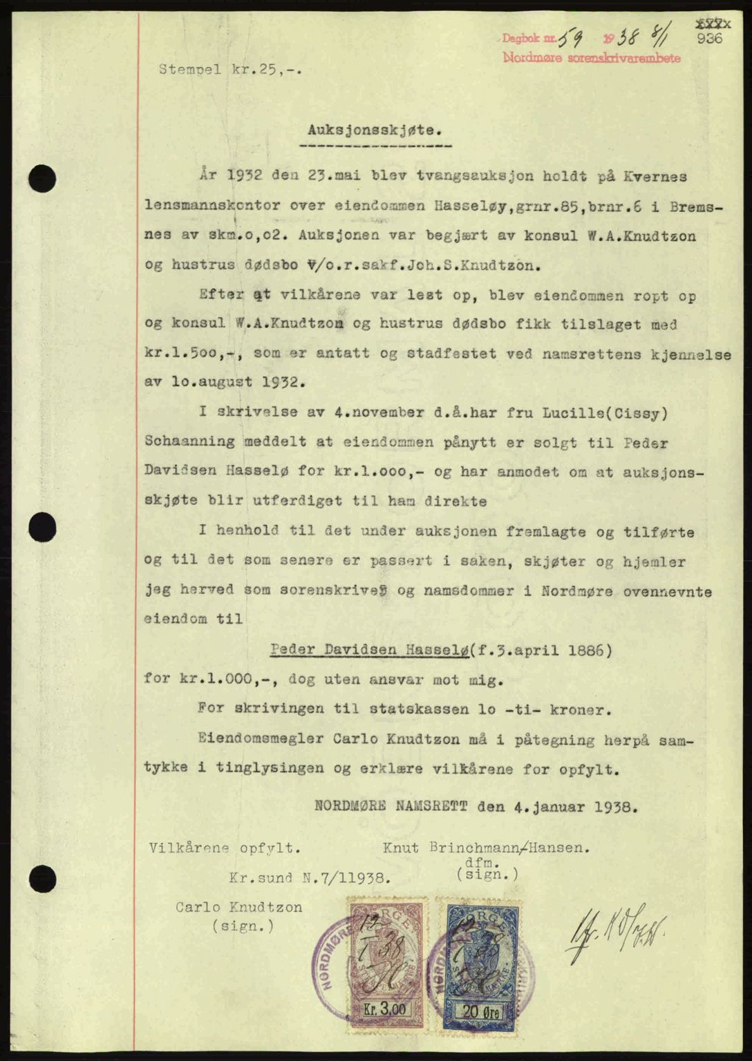 Nordmøre sorenskriveri, AV/SAT-A-4132/1/2/2Ca: Mortgage book no. A82, 1937-1938, Diary no: : 59/1938