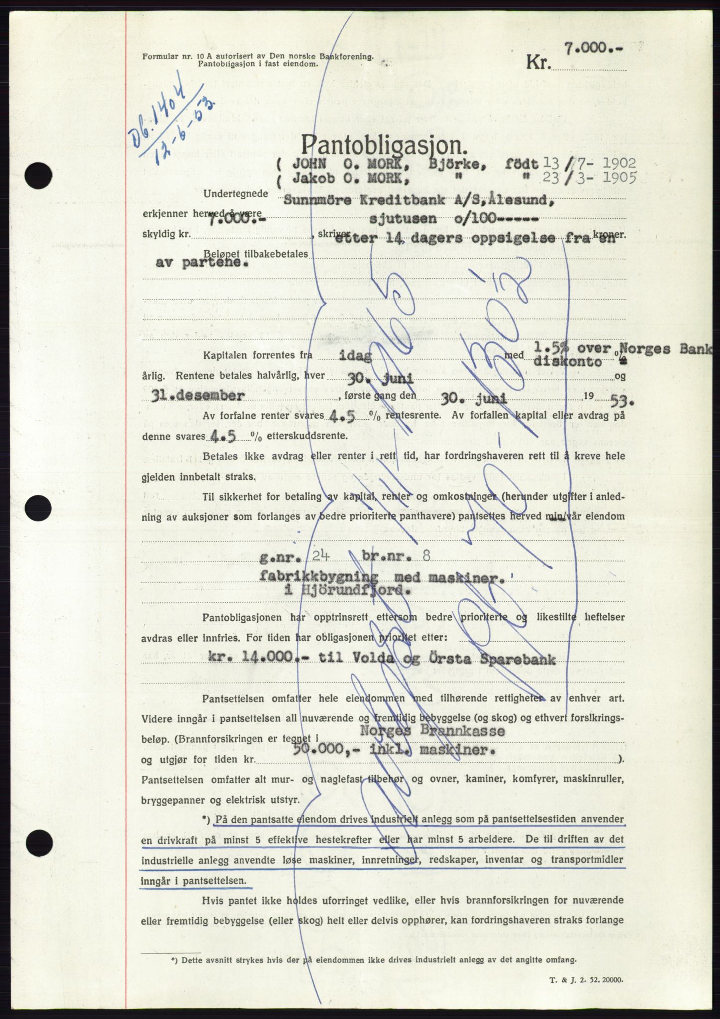 Søre Sunnmøre sorenskriveri, AV/SAT-A-4122/1/2/2C/L0123: Mortgage book no. 11B, 1953-1953, Diary no: : 1404/1953