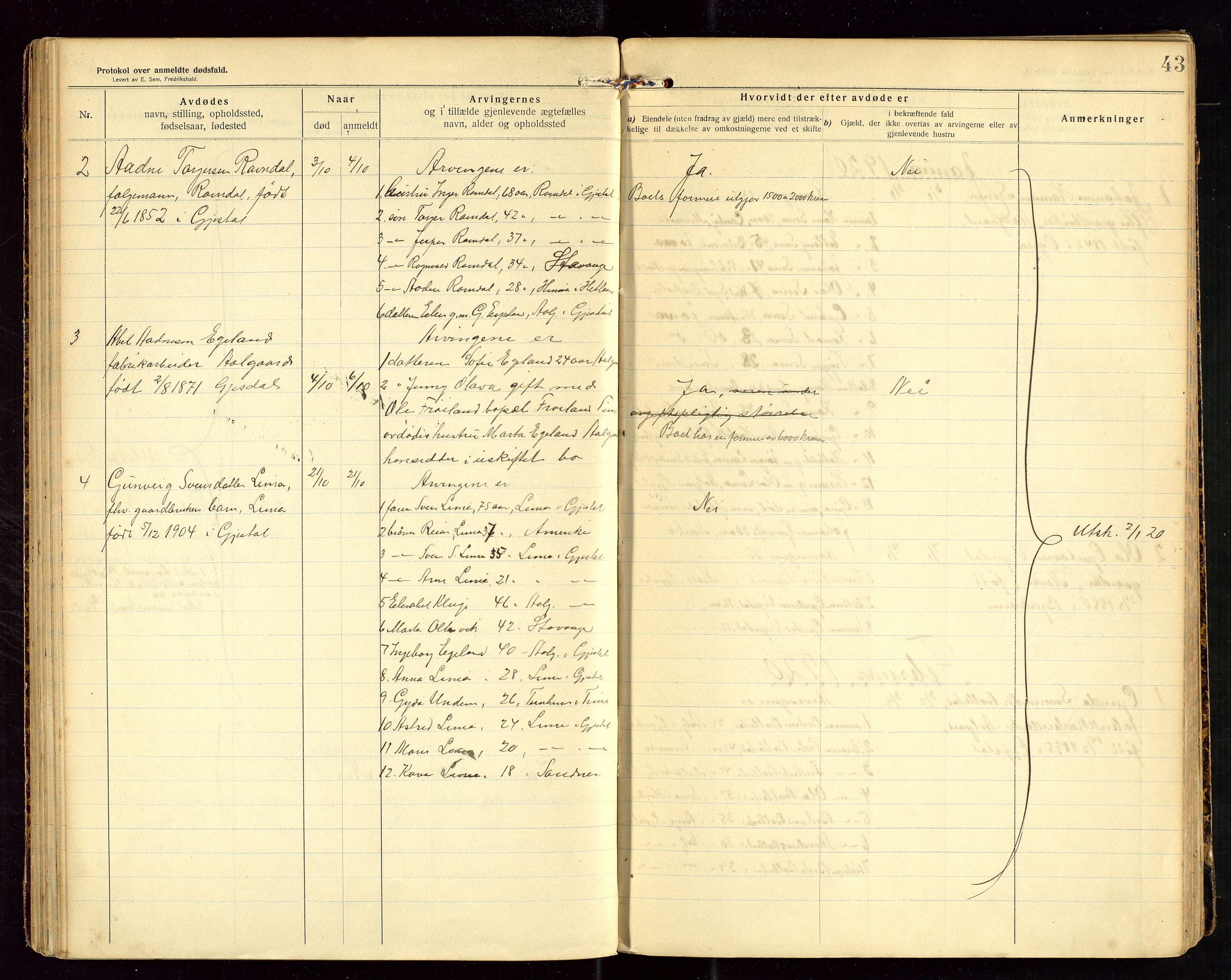 Gjesdal lensmannskontor, AV/SAST-A-100441/Gga/L0002: Dødsfallprotokoll, 1911-1933, p. 43