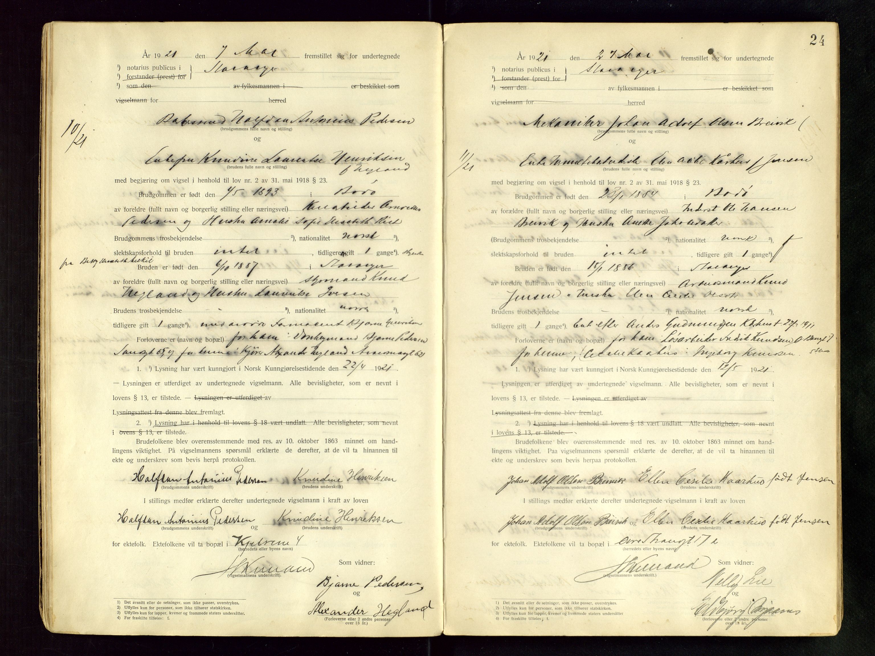 Stavanger byfogd, AV/SAST-A-101408/001/6/62/62BB/L0001: Vigselsprotokoll, 1920-1926, p. 24