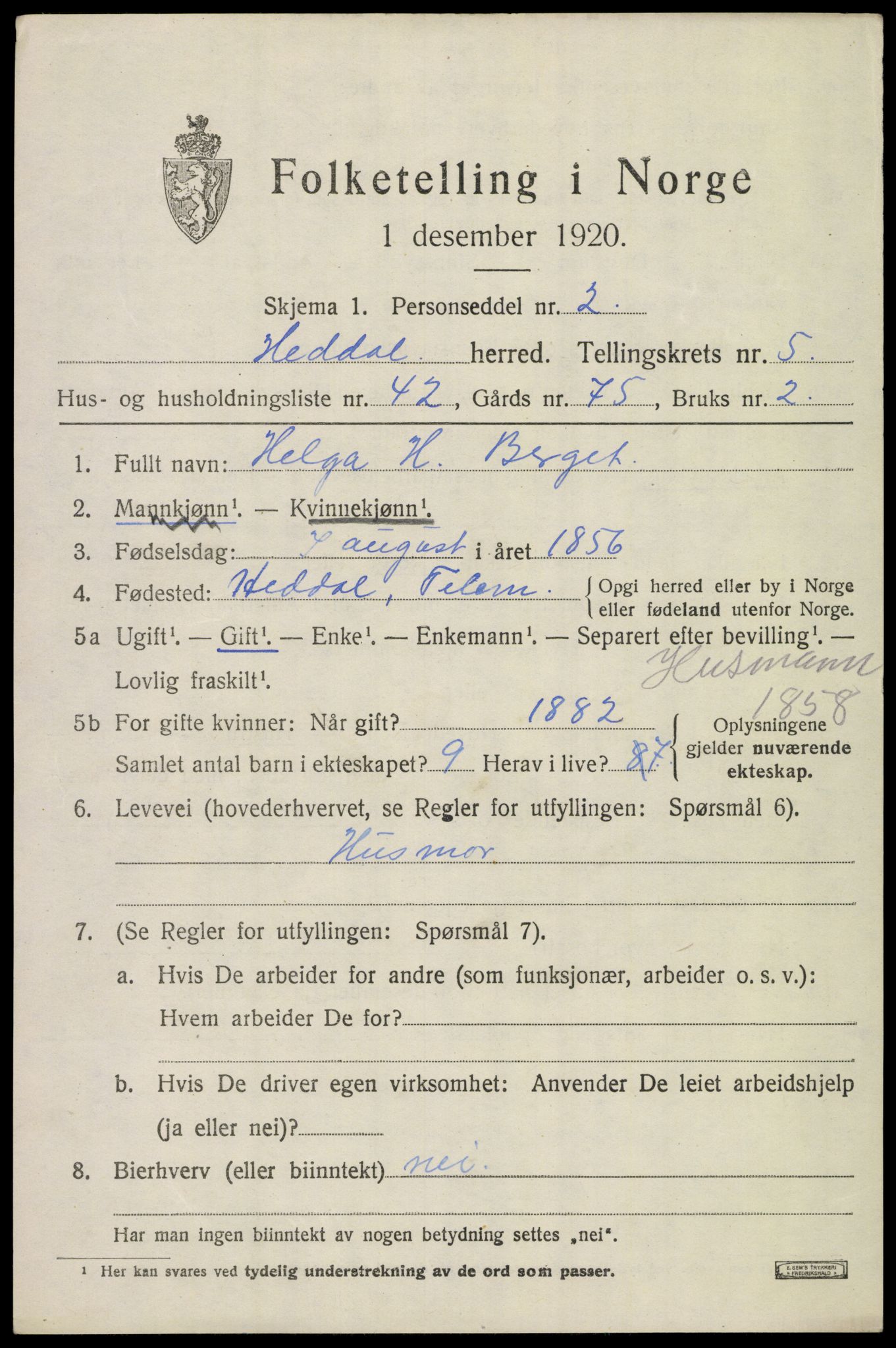 SAKO, 1920 census for Heddal, 1920, p. 5188