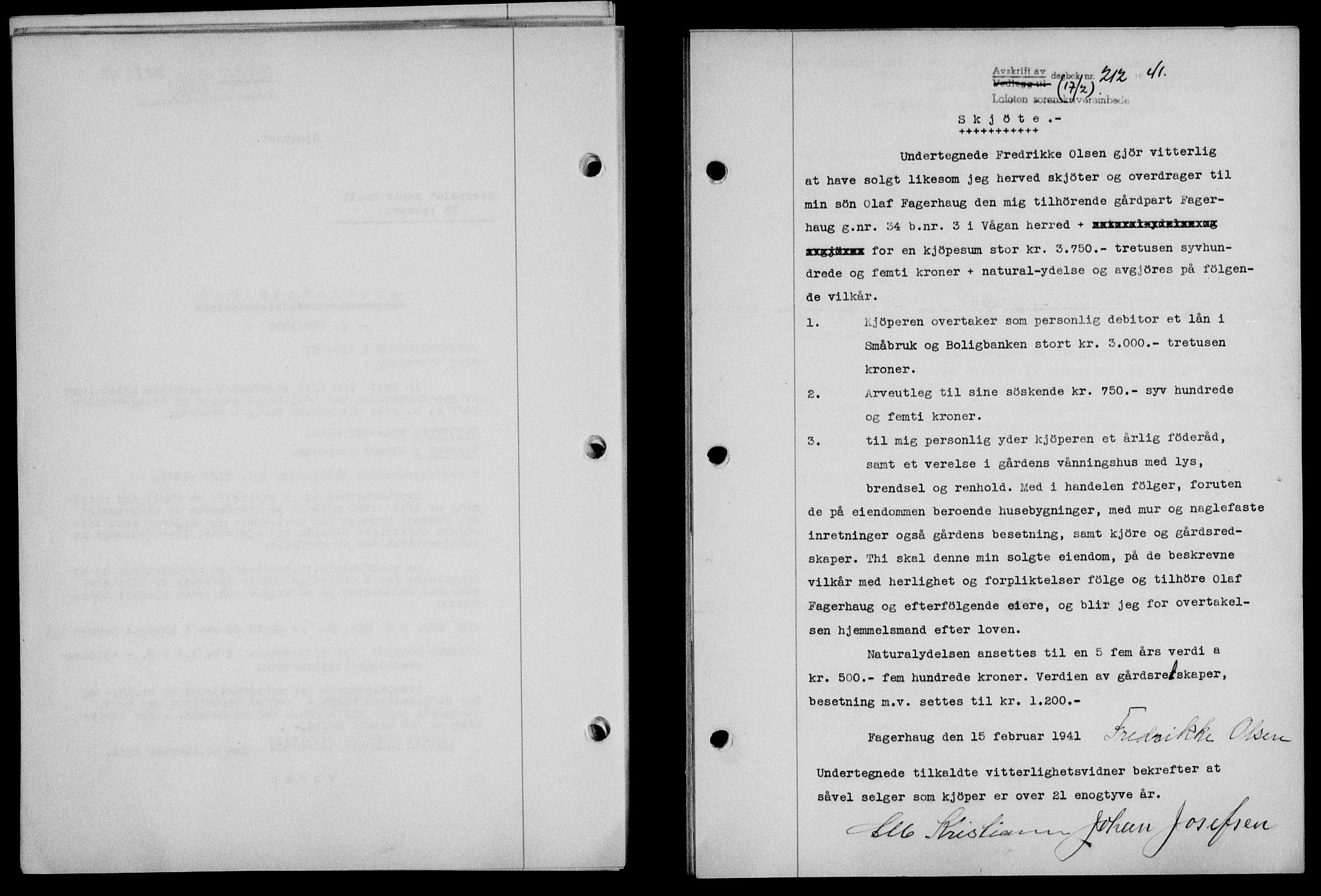 Lofoten sorenskriveri, SAT/A-0017/1/2/2C/L0008a: Mortgage book no. 8a, 1940-1941, Diary no: : 212/1941
