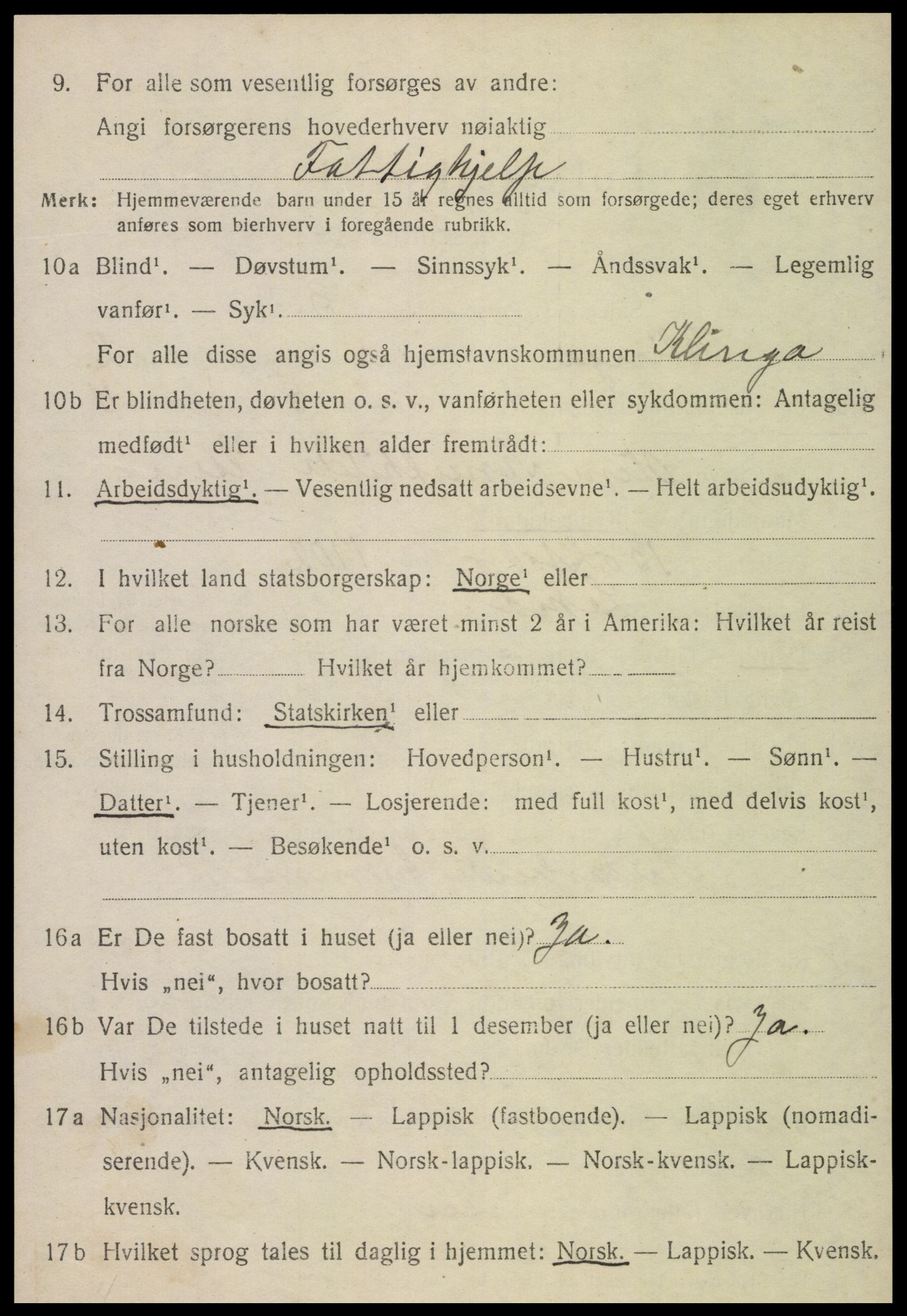 SAT, 1920 census for Klinga, 1920, p. 1424