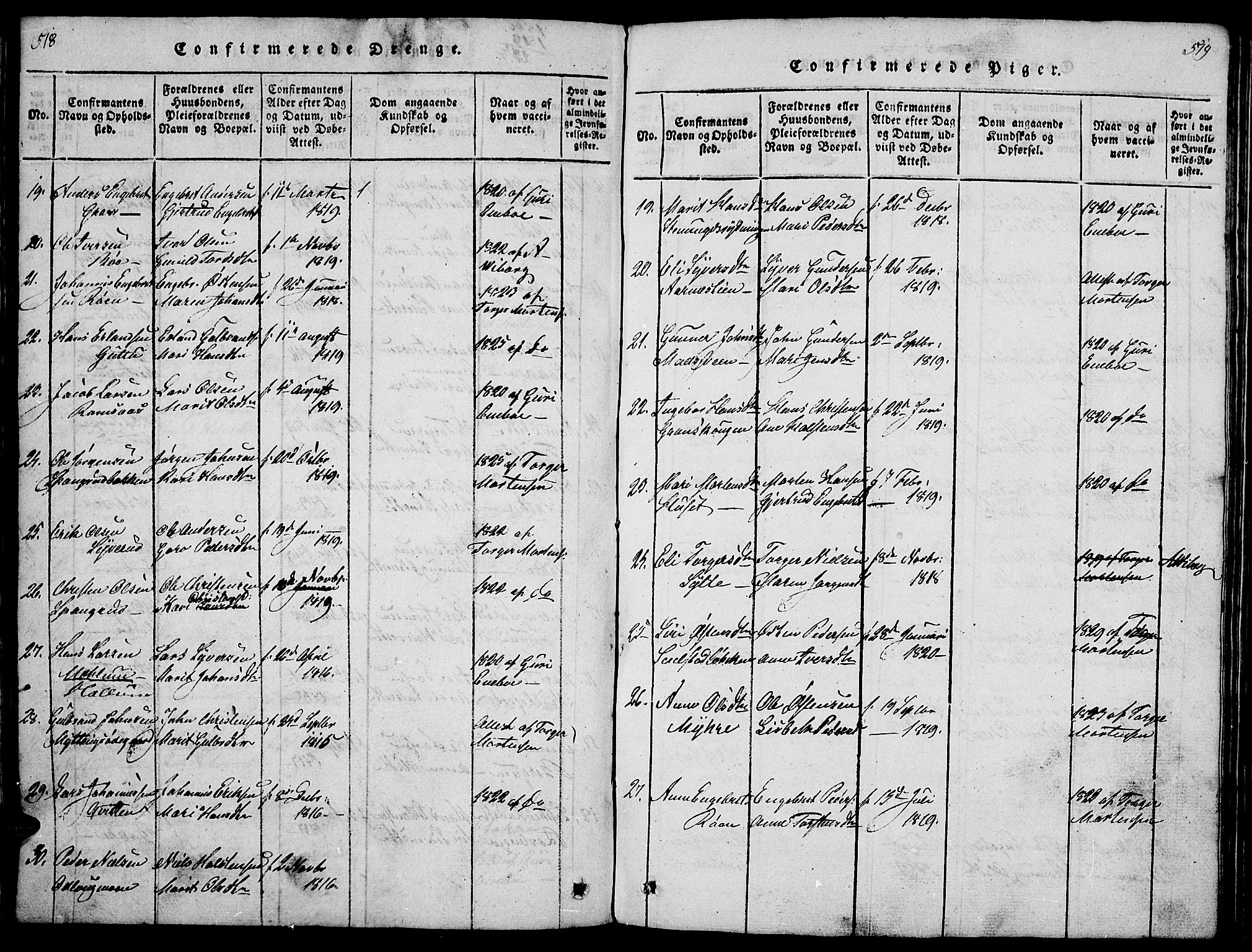 Ringebu prestekontor, SAH/PREST-082/H/Ha/Hab/L0001: Parish register (copy) no. 1, 1821-1839, p. 518-519
