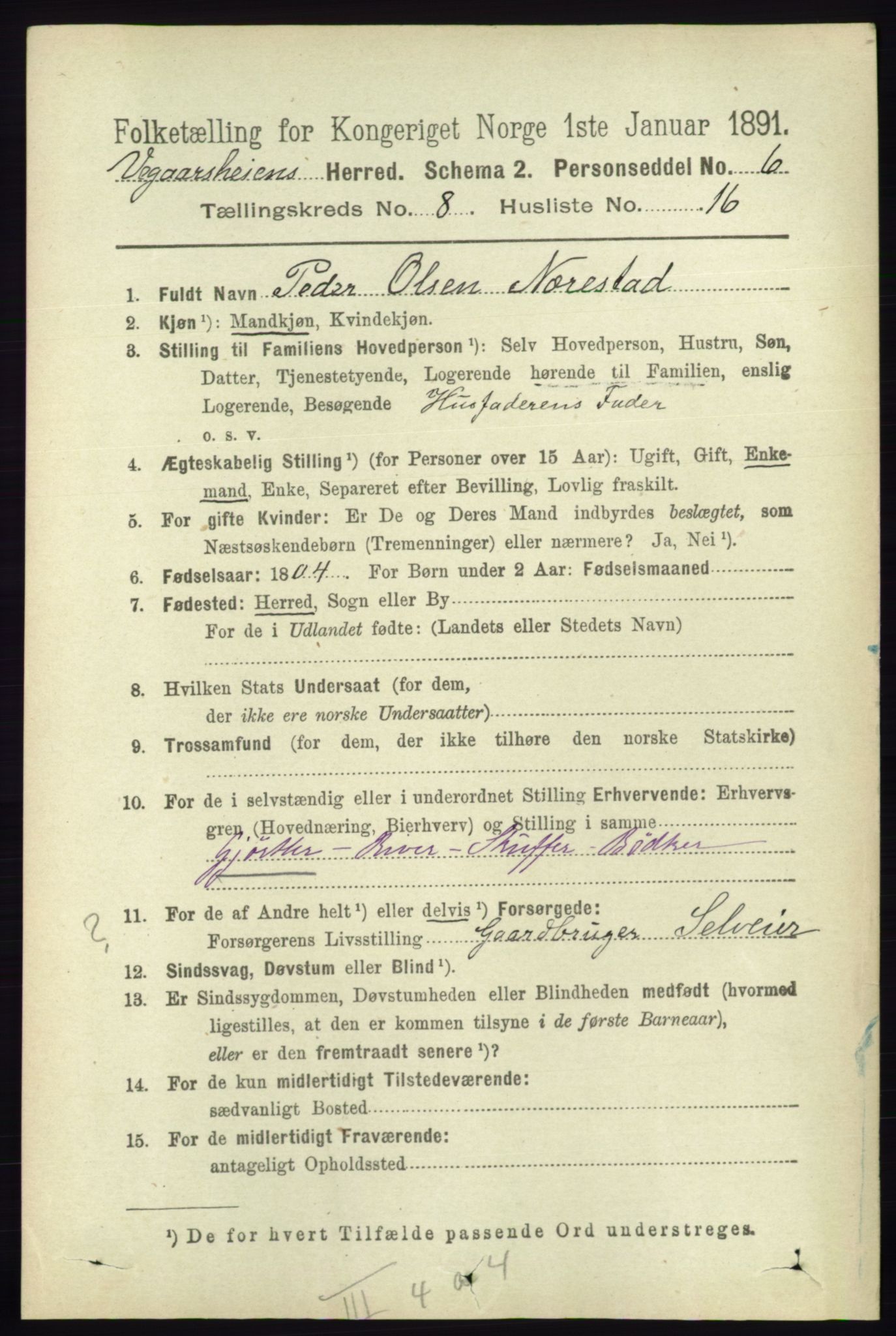 RA, 1891 census for 0912 Vegårshei, 1891, p. 1628