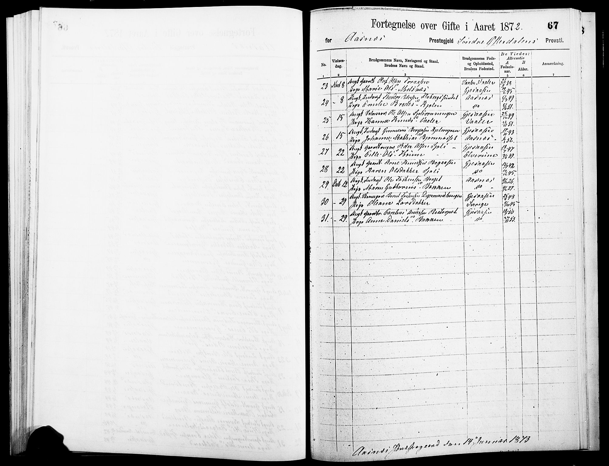 Åsnes prestekontor, AV/SAH-PREST-042/H/Ha/Haa/L0000A: Parish register (official), 1866-1872, p. 67