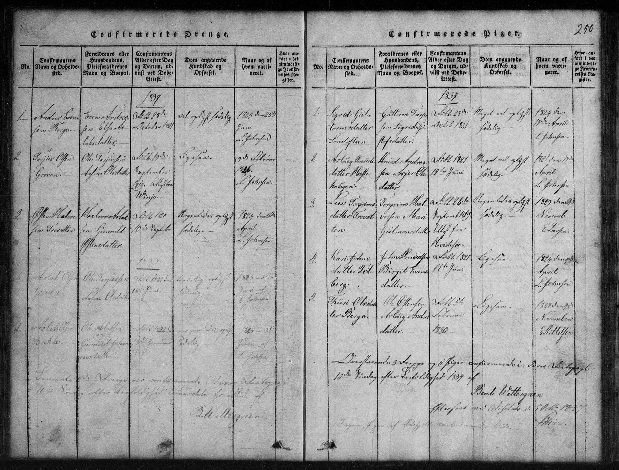 Rauland kirkebøker, SAKO/A-292/G/Gb/L0001: Parish register (copy) no. II 1, 1815-1886, p. 250
