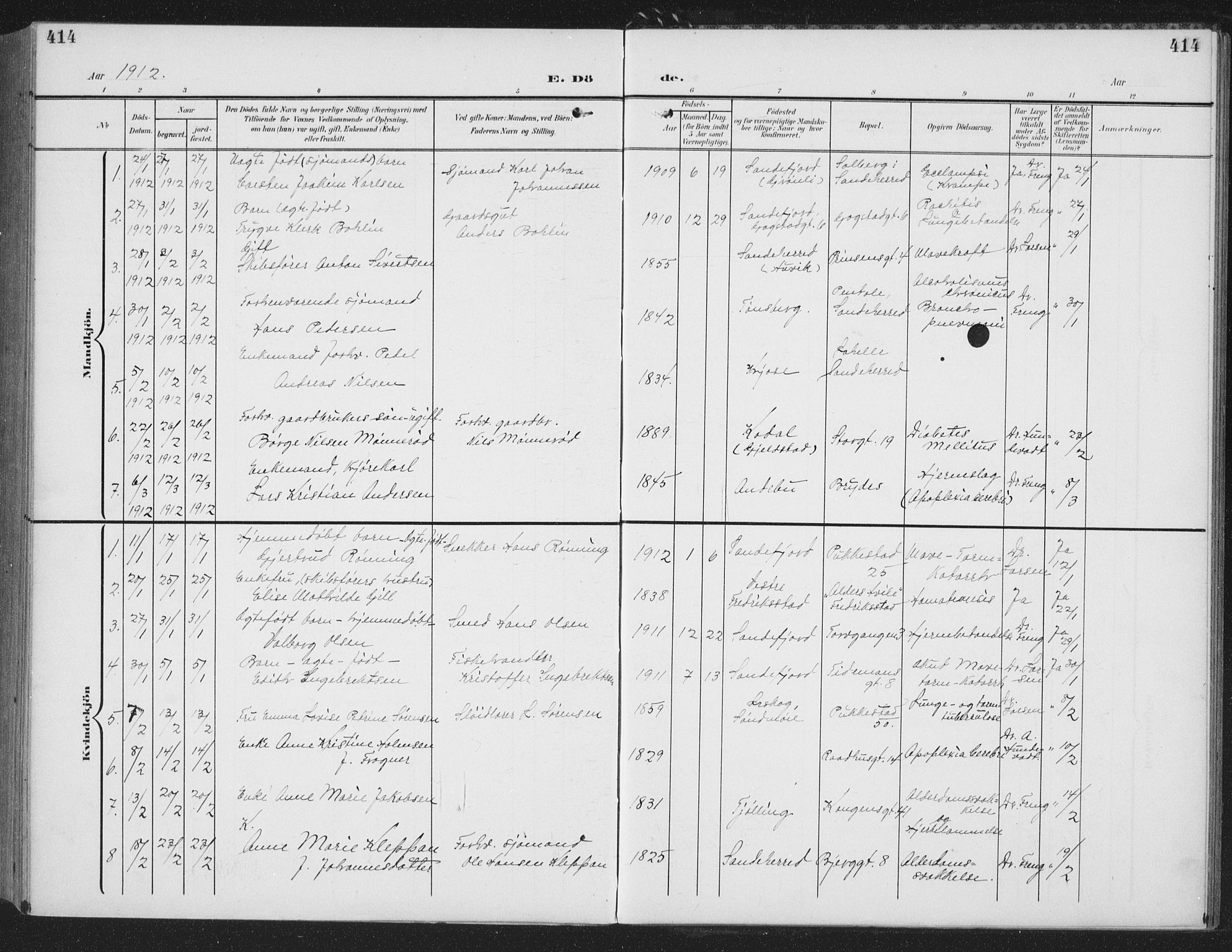 Sandefjord kirkebøker, SAKO/A-315/G/Ga/L0003: Parish register (copy) no. 3, 1903-1920, p. 414