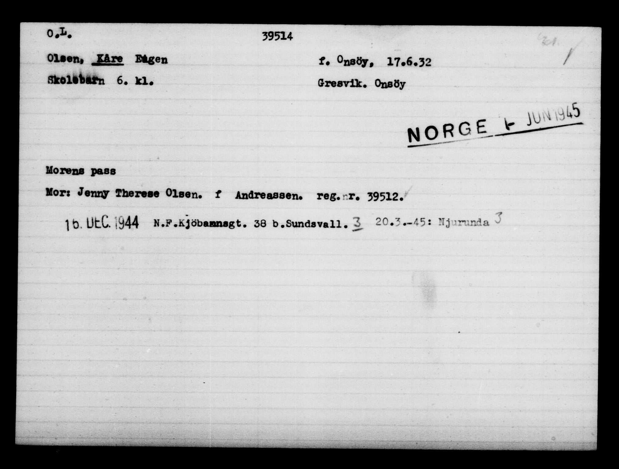 Utenriksstasjonene, Legasjonen i Stockholm, Flyktningkontoret, AV/RA-S-6753/V/Va/L0015: Kjesäterkartoteket, flyktninger med registreringsnr. 37800-40770, 1940-1945, p. 1765