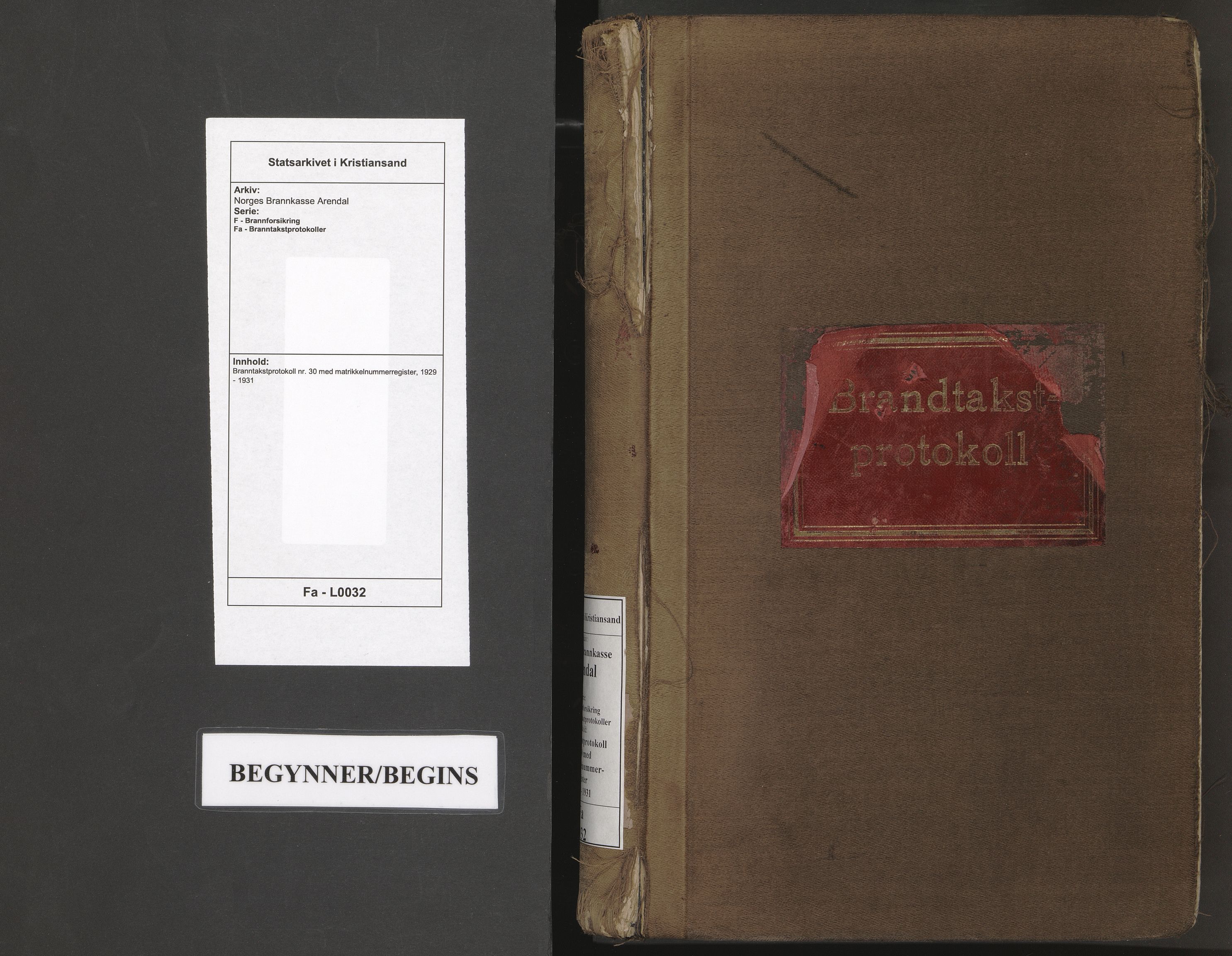 Norges Brannkasse Arendal, SAK/2241-0002/F/Fa/L0032: Branntakstprotokoll nr. 30 med matrikkelnummerregister, 1929-1931