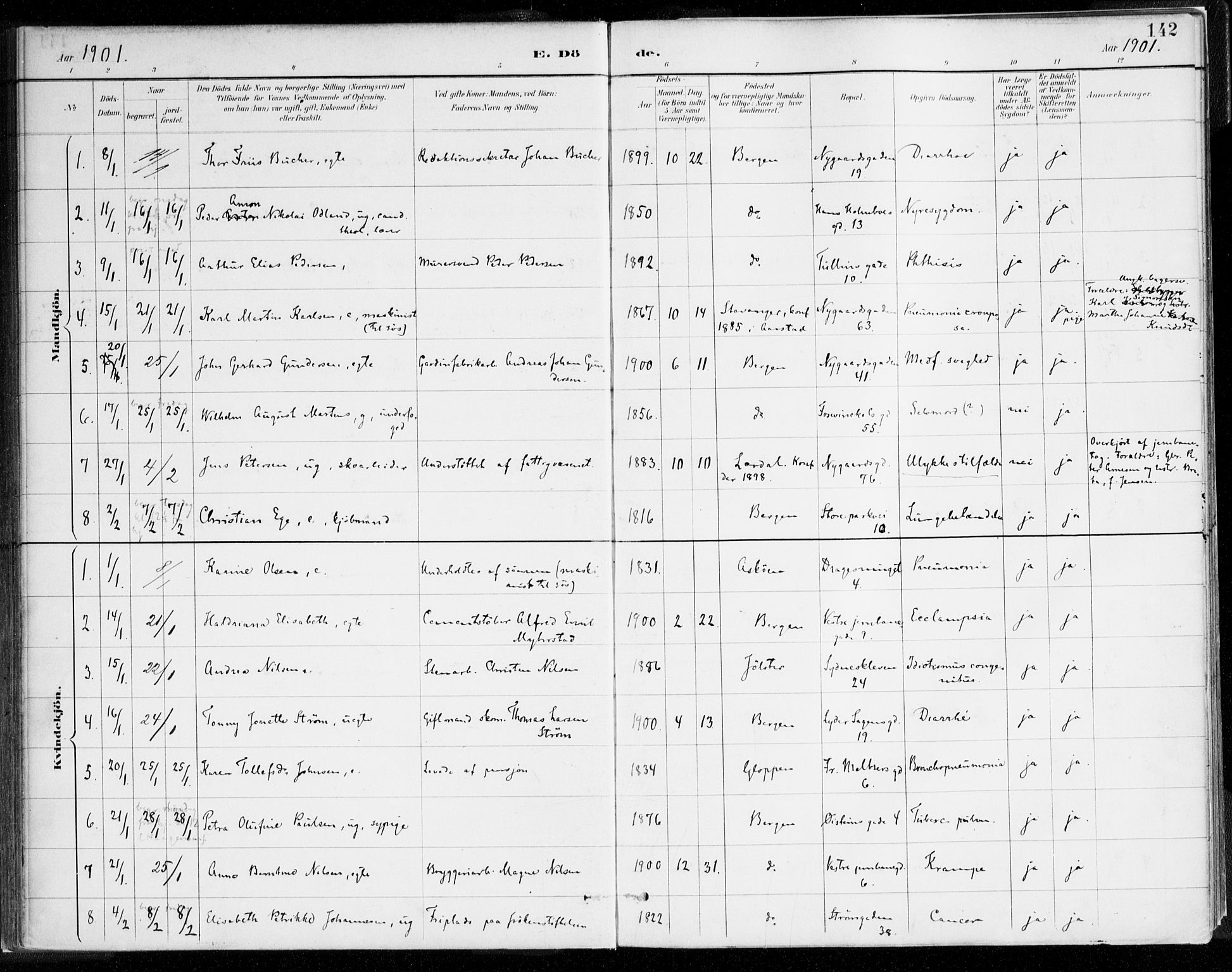 Johanneskirken sokneprestembete, SAB/A-76001/H/Haa/L0019: Parish register (official) no. E 1, 1885-1915, p. 142