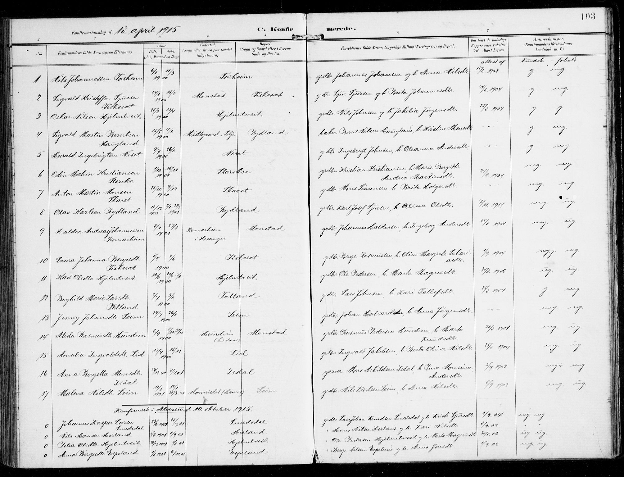 Alversund Sokneprestembete, SAB/A-73901/H/Ha/Haa/Haad/L0004: Parish register (official) no. D 4, 1898-1926, p. 103