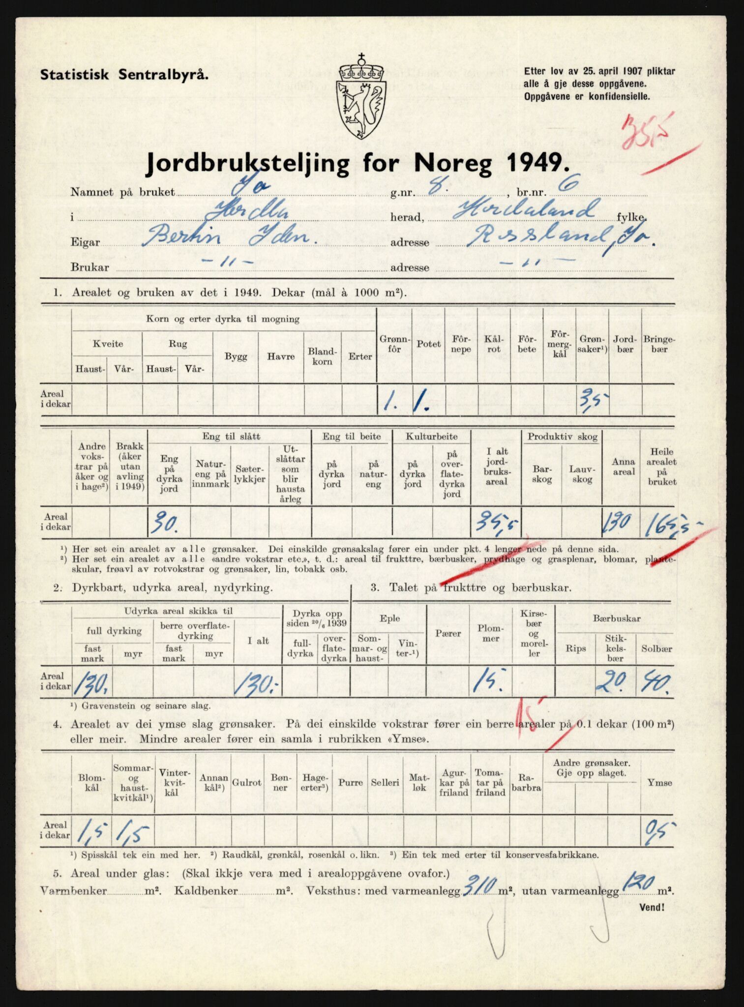 Statistisk sentralbyrå, Næringsøkonomiske emner, Jordbruk, skogbruk, jakt, fiske og fangst, AV/RA-S-2234/G/Gc/L0276: Hordaland: Herdla og Hjelme, 1949, p. 1080