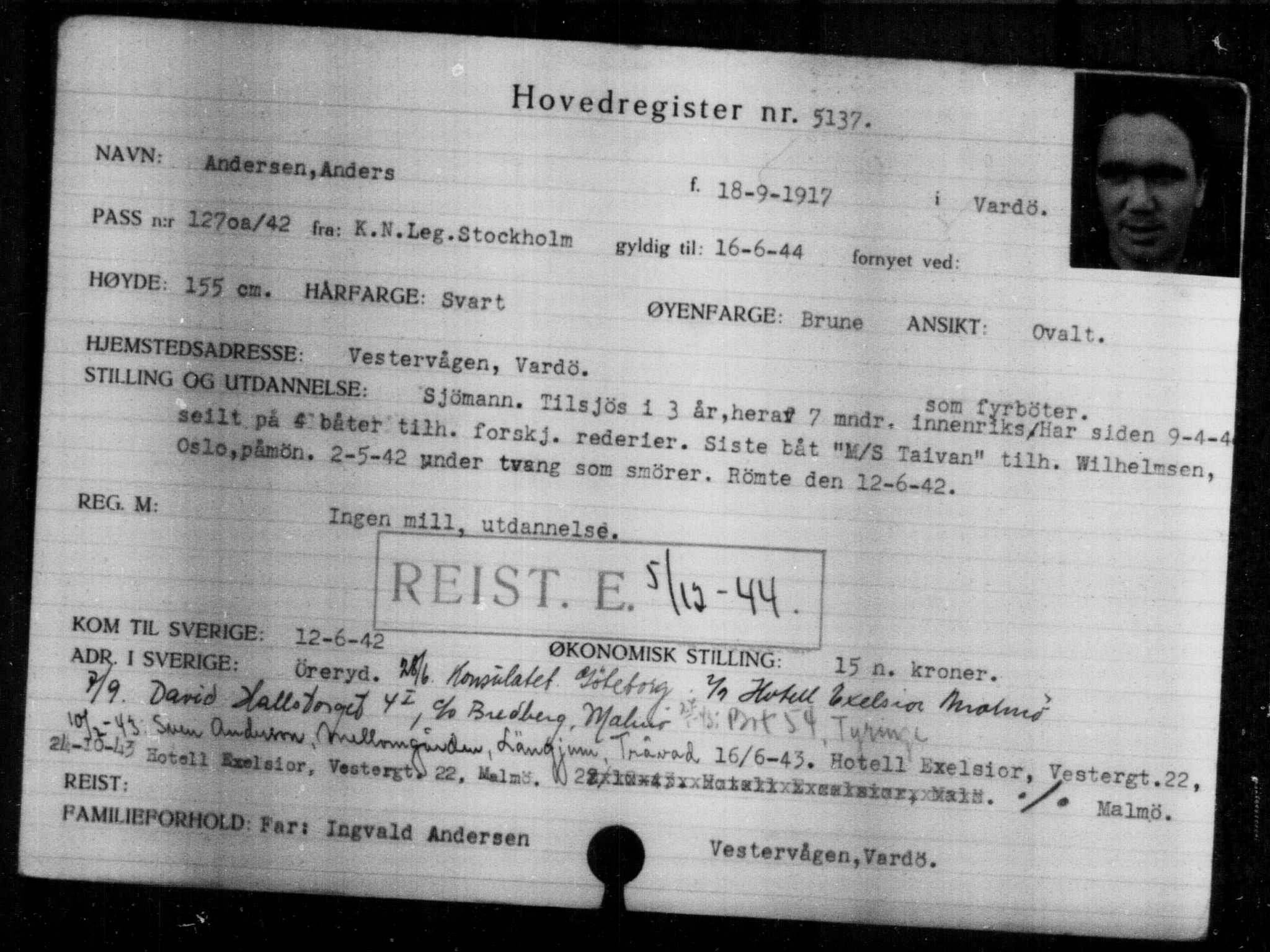 Utenriksstasjonene, Legasjonen i Stockholm, Flyktningkontoret, AV/RA-S-6753/V/Va/L0004: Kjesäterkartoteket, flyktninger med registreringsnr. 3496-6610, 1940-1945, p. 1932
