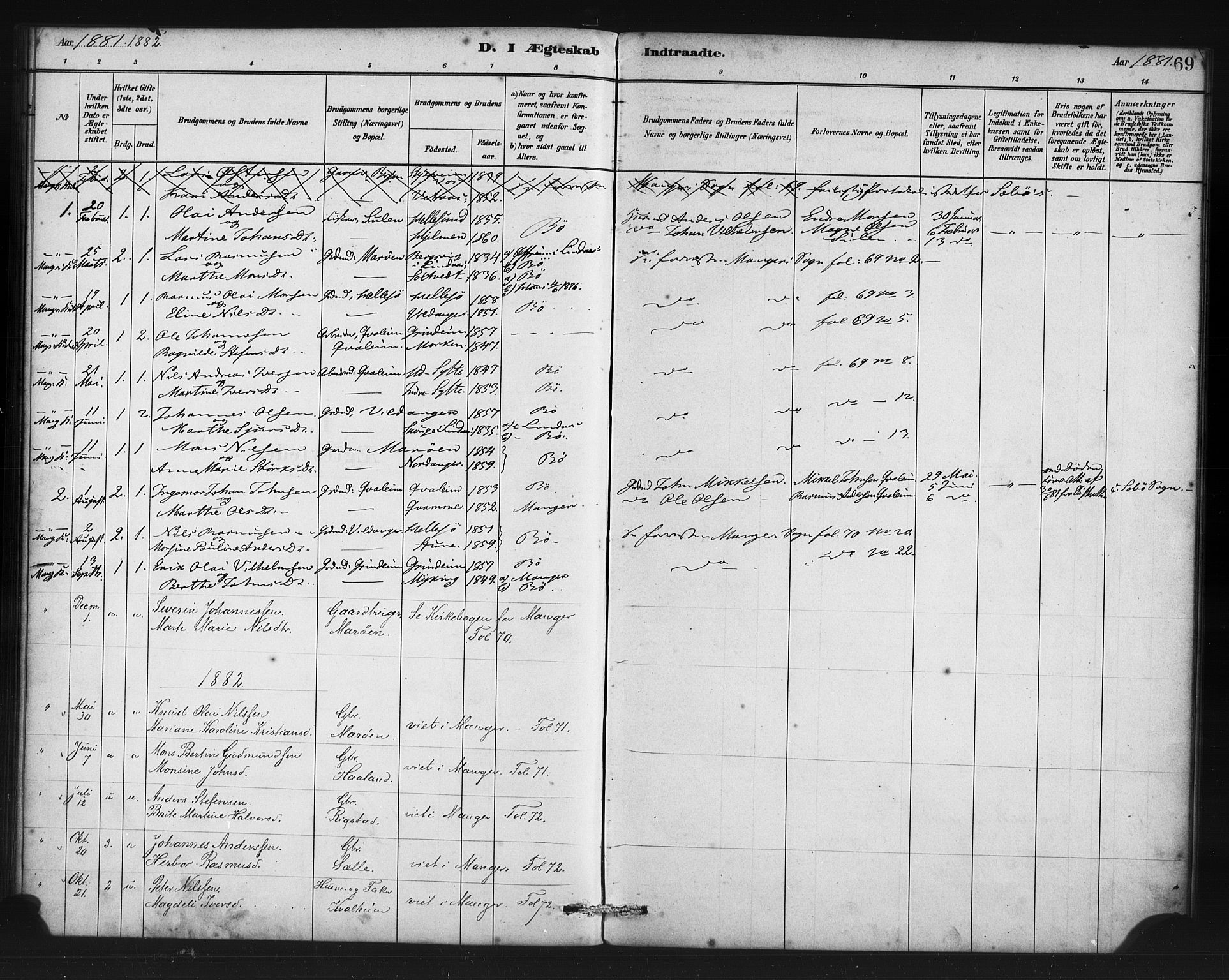 Manger sokneprestembete, SAB/A-76801/H/Haa: Parish register (official) no. C 1, 1881-1890, p. 69