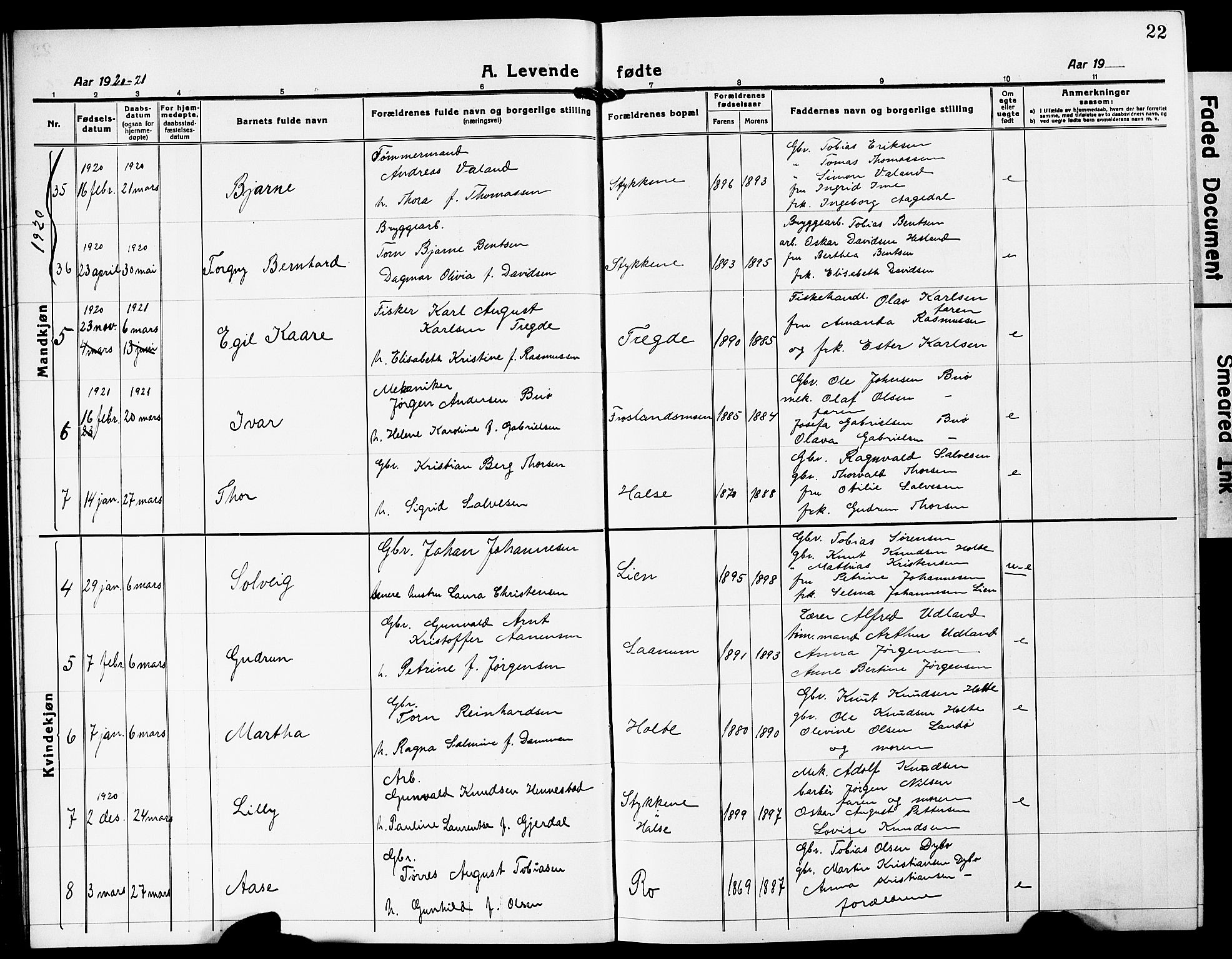 Mandal sokneprestkontor, SAK/1111-0030/F/Fb/Fba/L0013: Parish register (copy) no. B 7, 1918-1931, p. 22